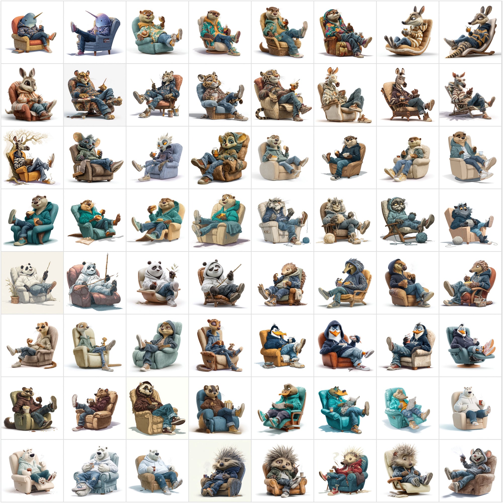 610 Cute Animals Relaxing on Recliners Clipart Bundle