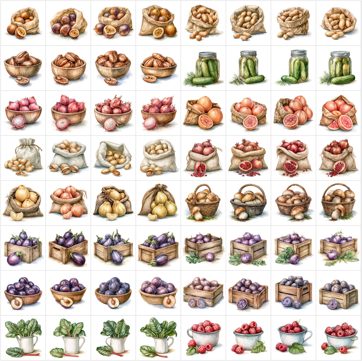 630 Fruit & Vegetable Illustrations – Farmhouse Kitchen Clipart Bundle, Harvest Food Art