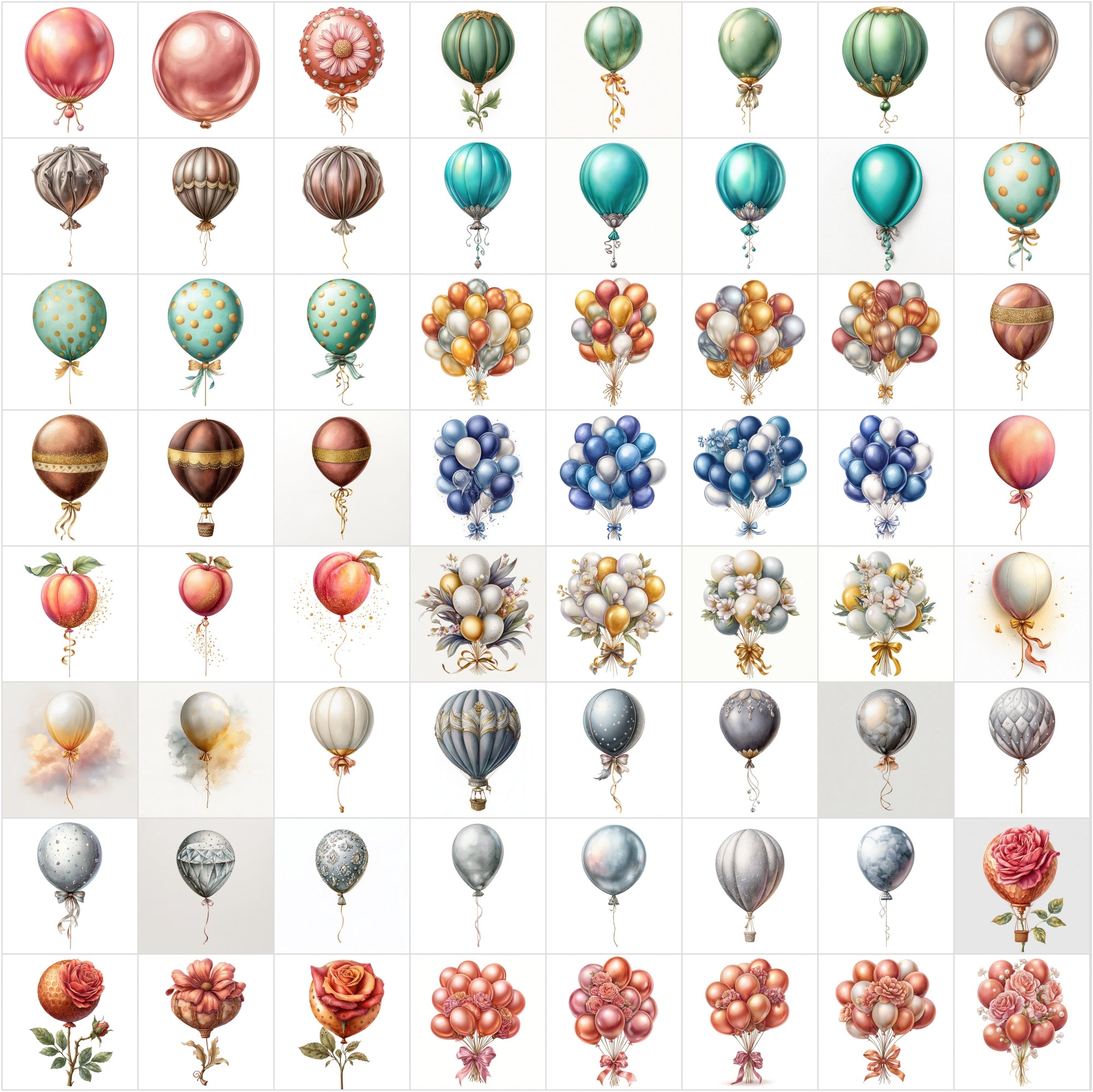635 Watercolor Balloon Clipart Bundle • Metallic & Luxury Balloon Set