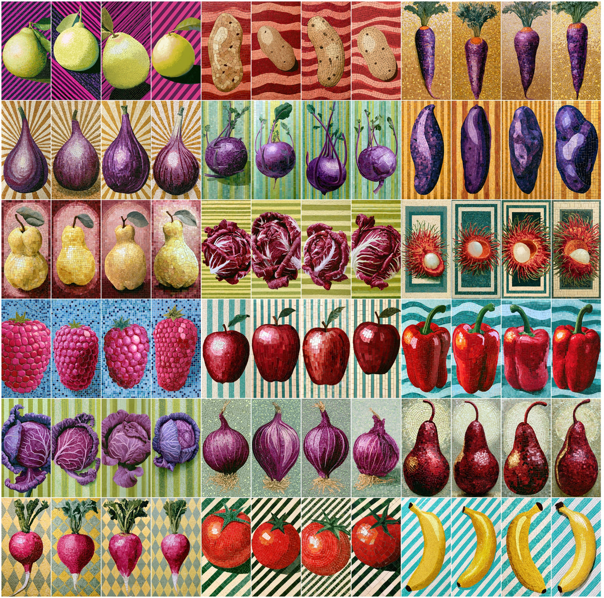 636 Mosaic Fruit & Vegetable Clipart Bundle | Mosaic Art Wall Prints, Kitchen Decor JPG