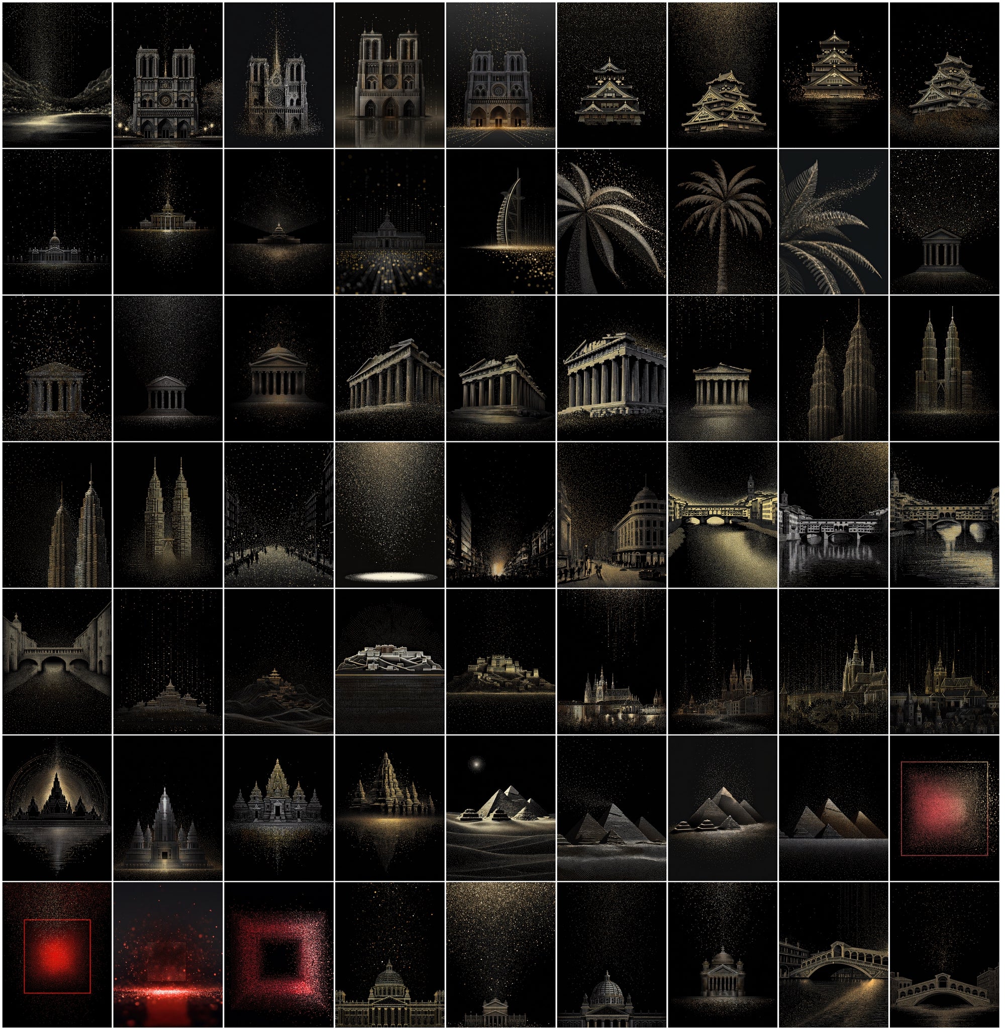 630 Minimalist Landmark Dots Bundle | Gold & Silver Glitter on Black