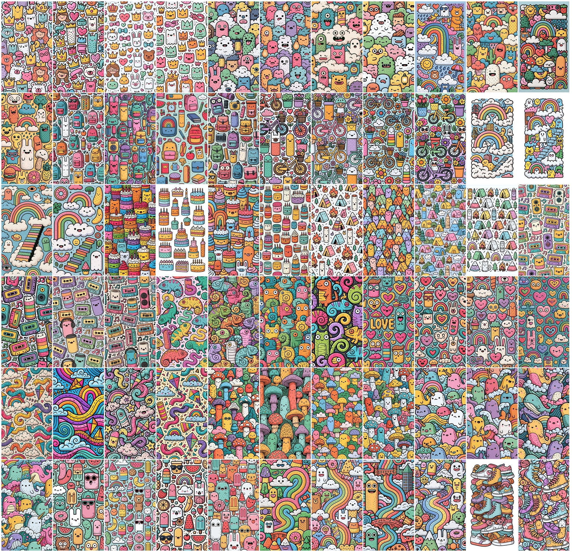 640 Doodle Art Clipart Bundle | Colorful Rainbow Dreamland Doodles, Kawaii Cloud & Candy Illustrations