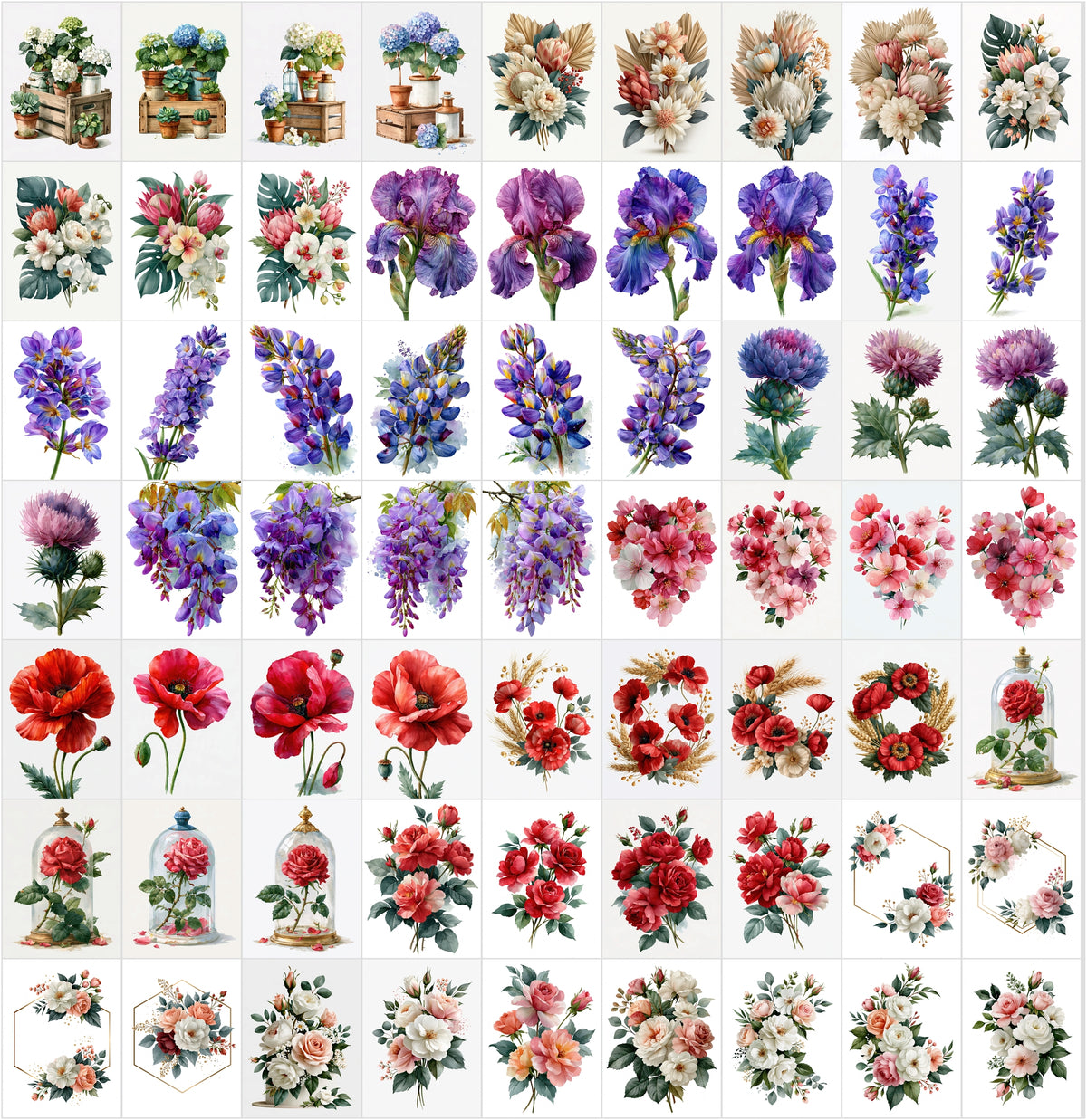 635 Watercolor Flowers Clipart Bundle – Wedding Florals, Bouquets, Wreaths & Greenery PNG-Ready JPG, Commercial Use