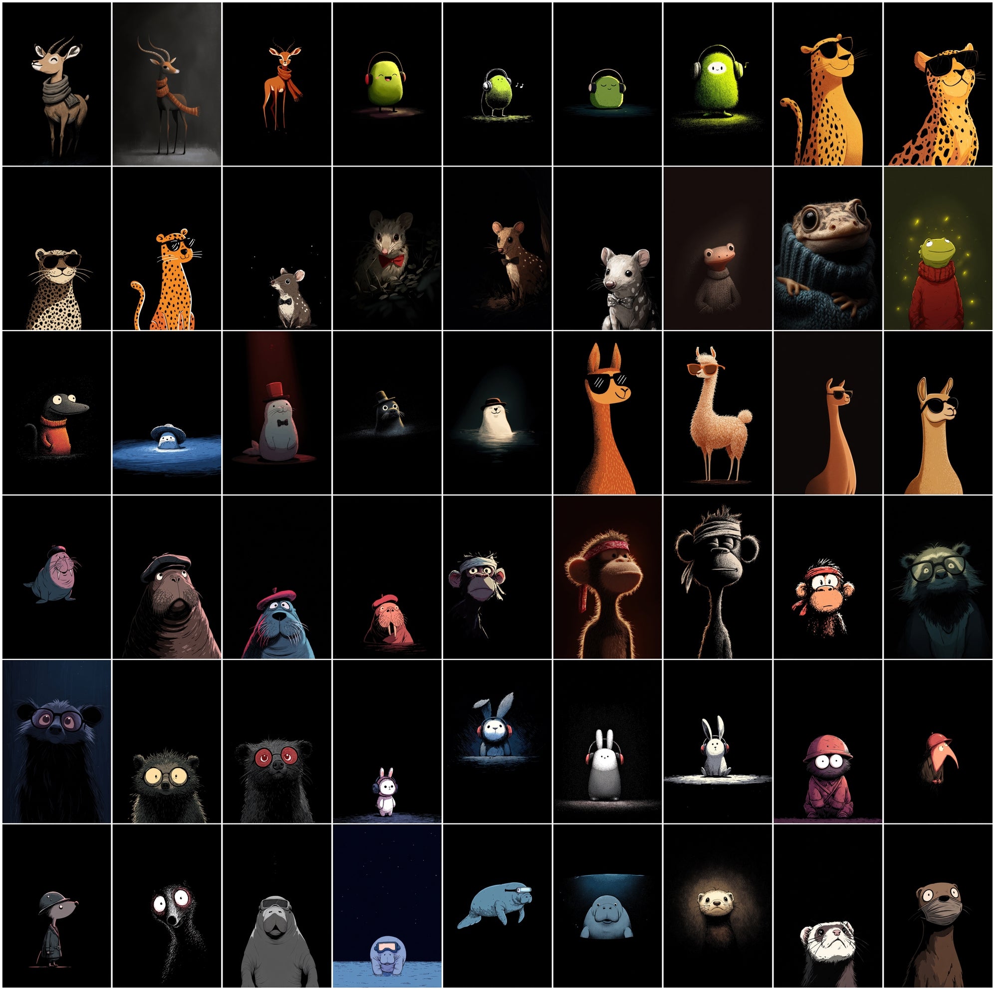 630 Animals Almost Visible in the Darkness | Cute Cartoon Animal Clipart Bundle | Dark Moody Illustrations