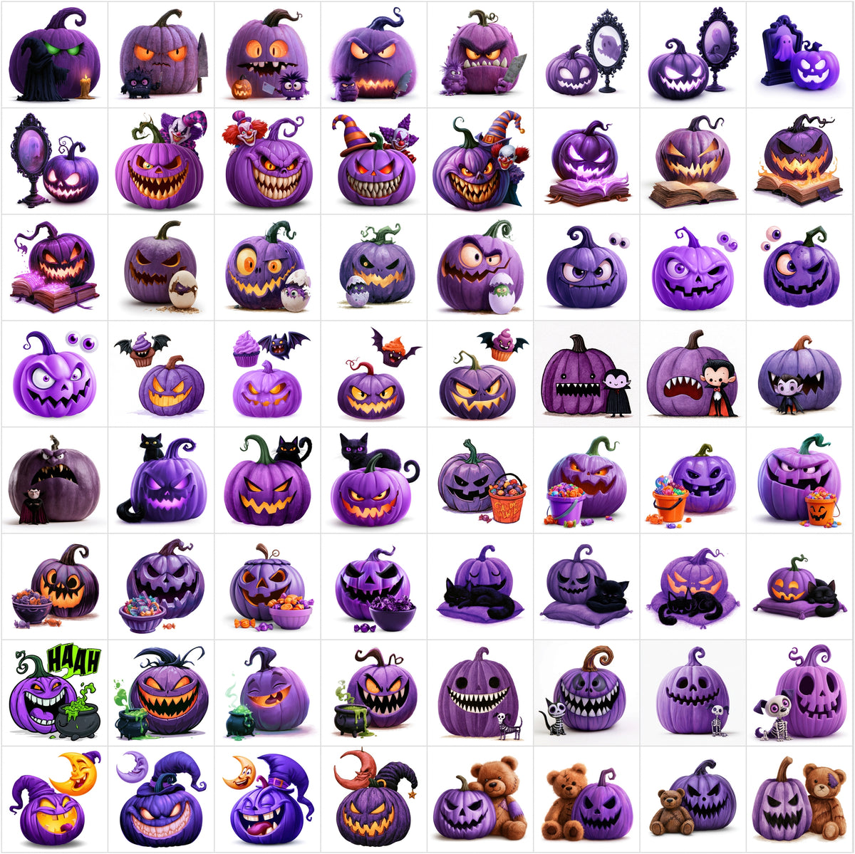 632 Halloween Cartoon Pumpkin Clipart Bundle – Spooky Jack-o’-Lantern Characters on White Background,