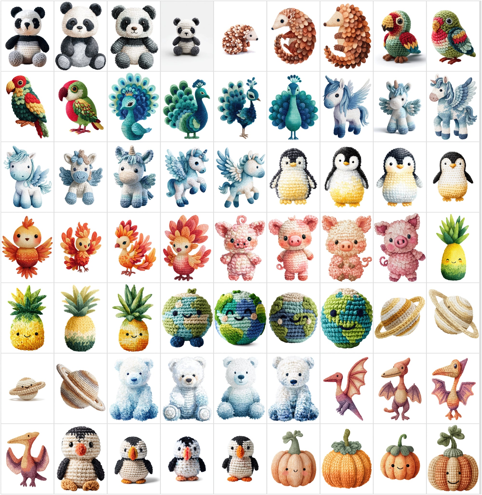 620 Crochet Animal Watercolor Clipart Bundle, Cute Nursery JPG Collection, Woodland Farm Ocean Fantasy Baby Shower Art