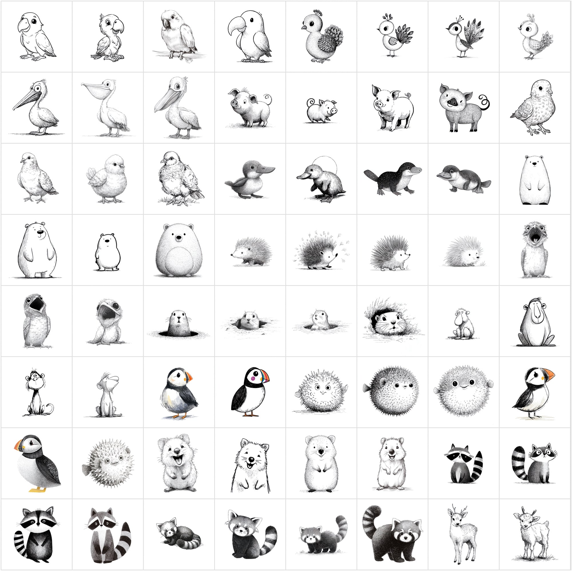 625 Children's Book Animal Illustrations — Black & White Line Art Bundle