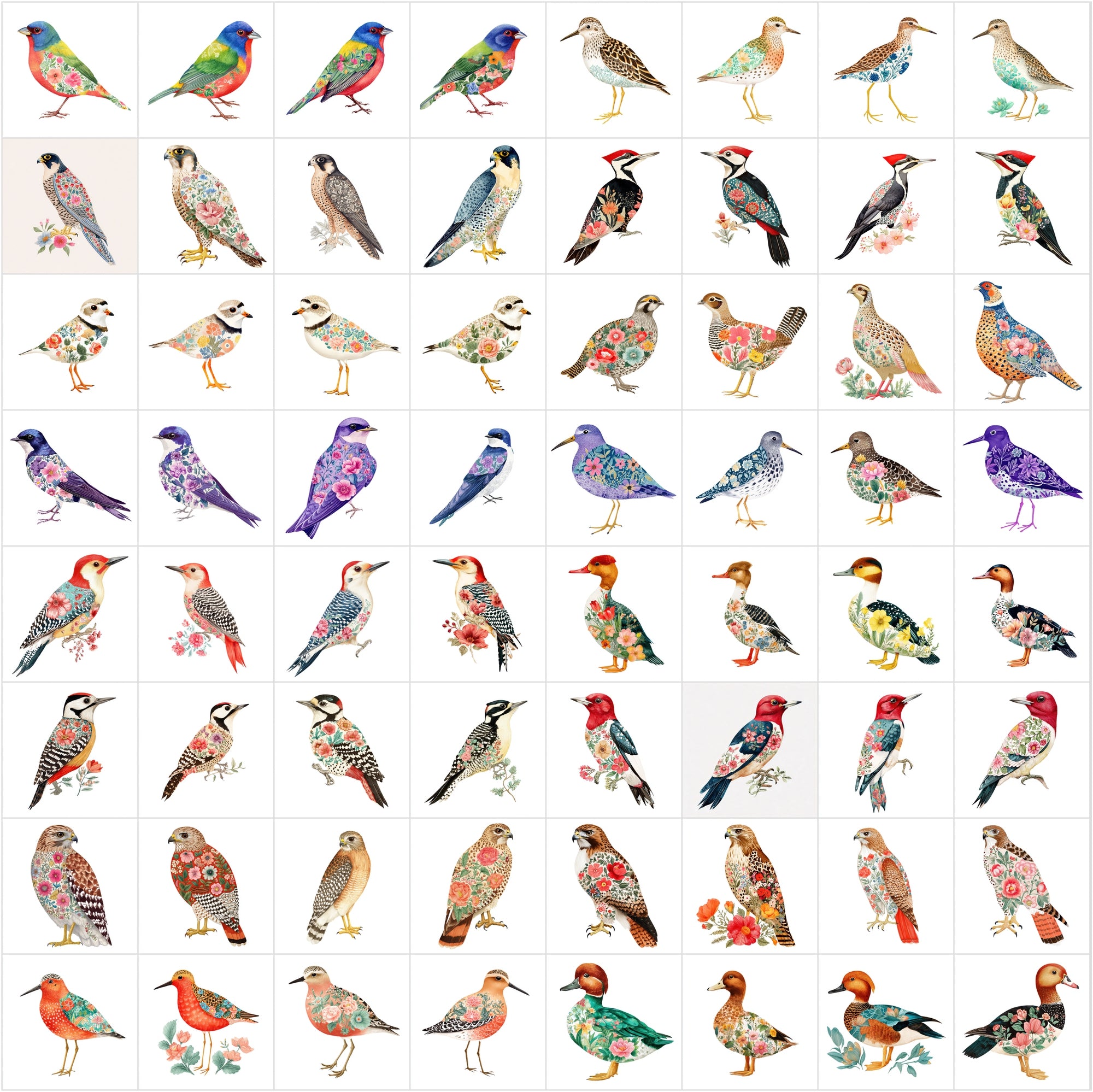 640 Watercolor Birds with Floral Patterns