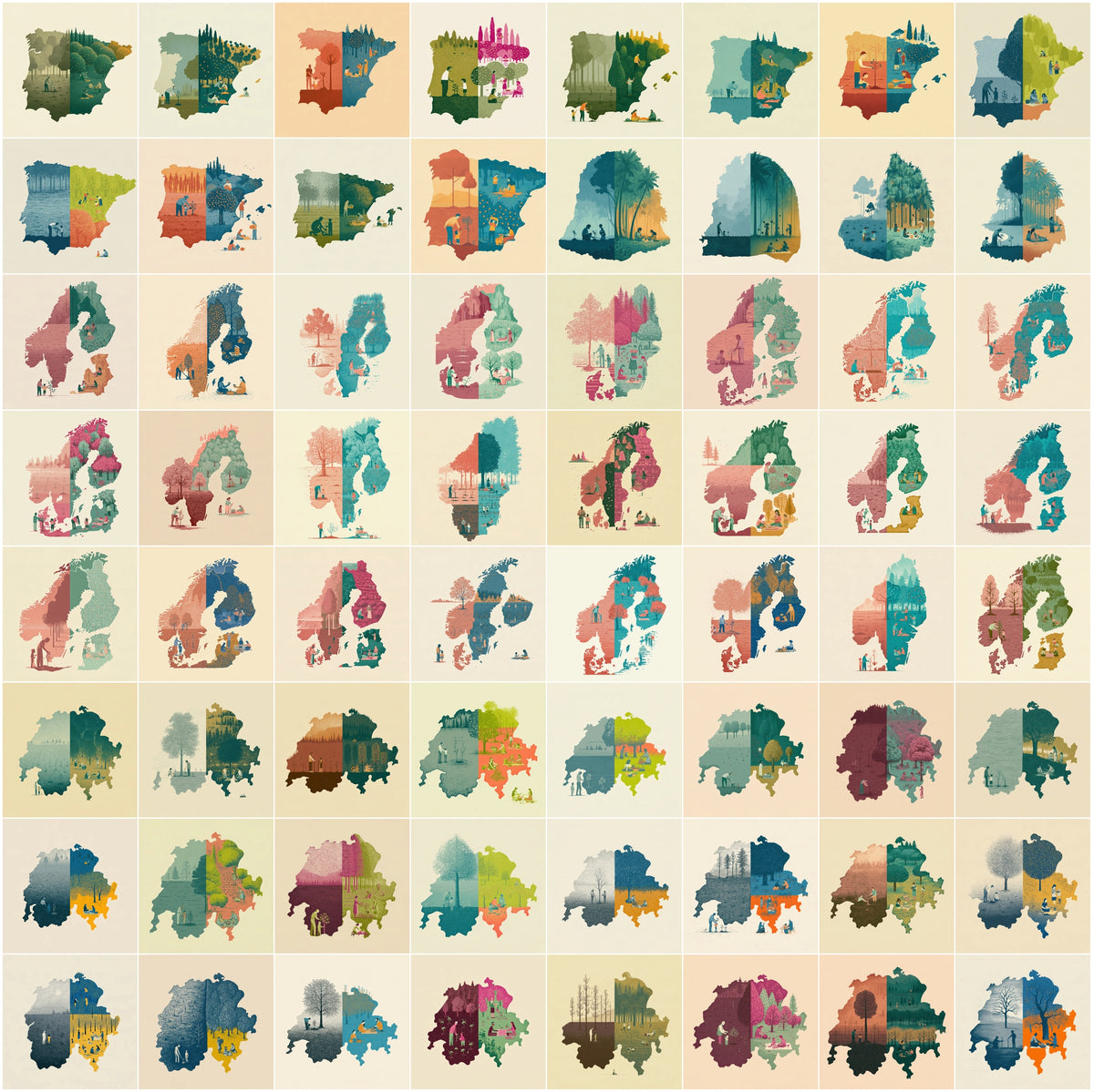 1270 Country Map Silhouette Posters - World Map Wall Art Bundle, Heritage & Harvest Split Designs