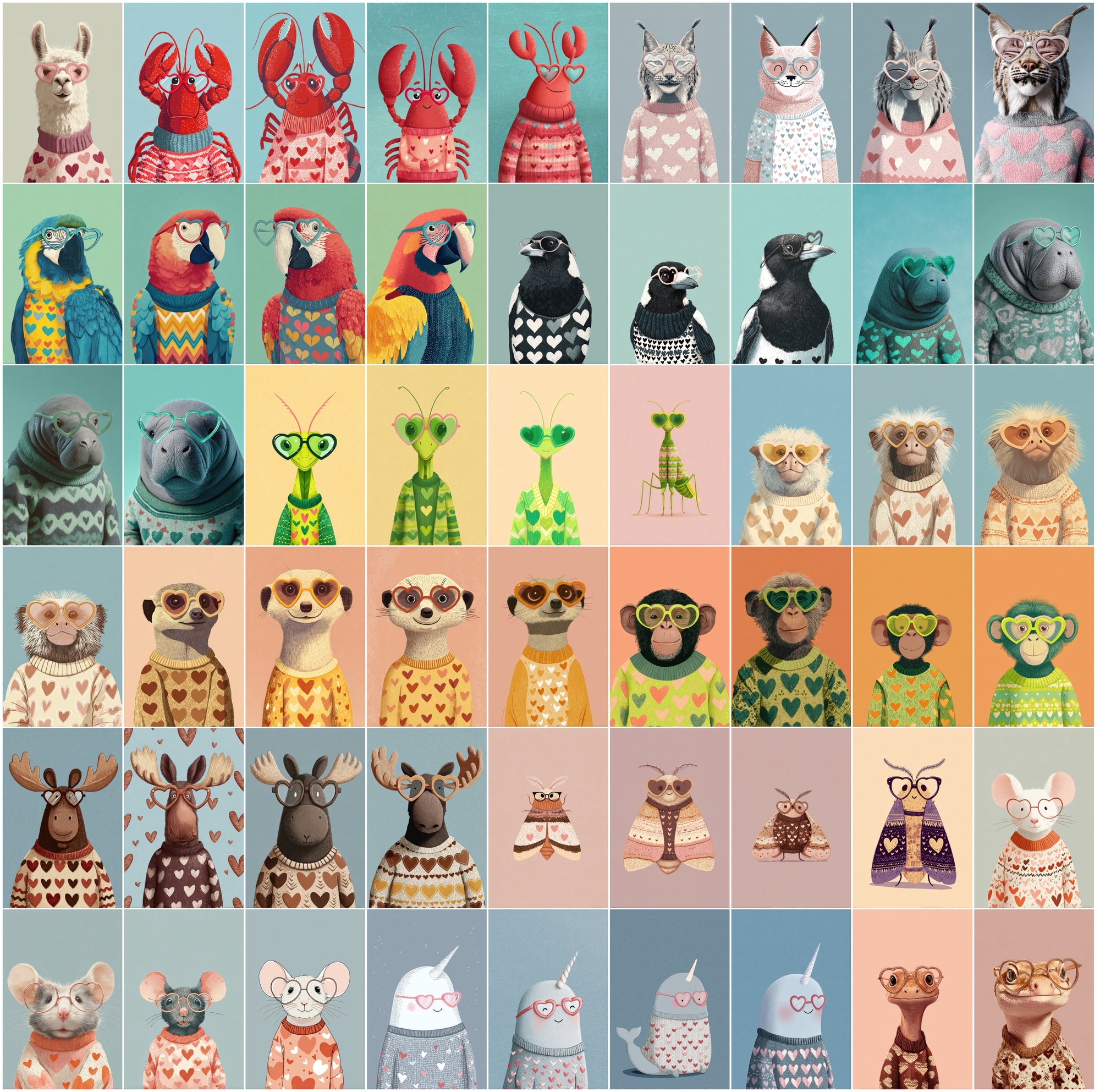 620 Cute Animals Clipart Bundle JPG | Heart Sweater Animals + Heart Glasses