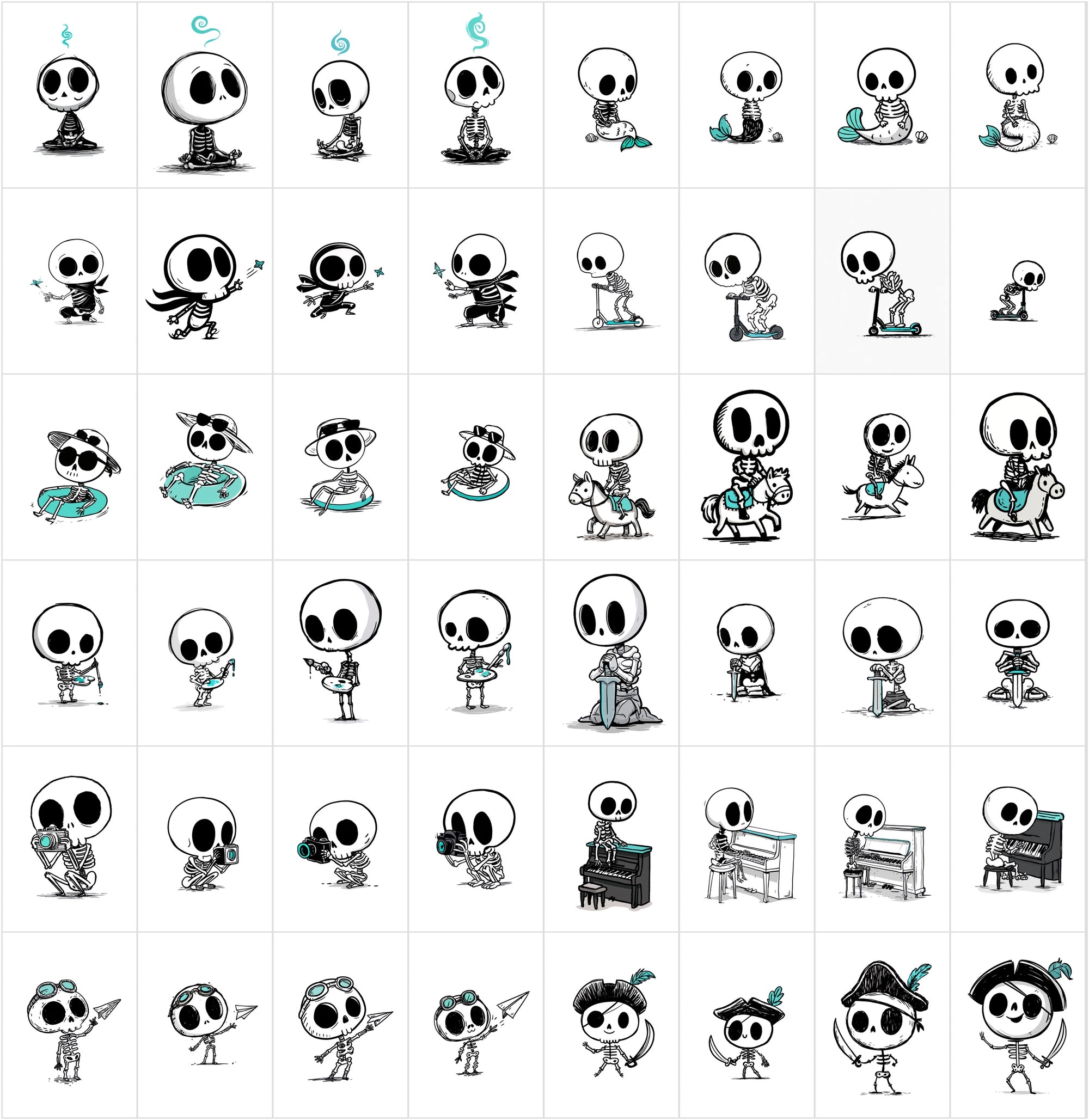 600 Cute Skeleton Doodle Clipart Bundle | Hand Drawn Stickman Skull Illustrations