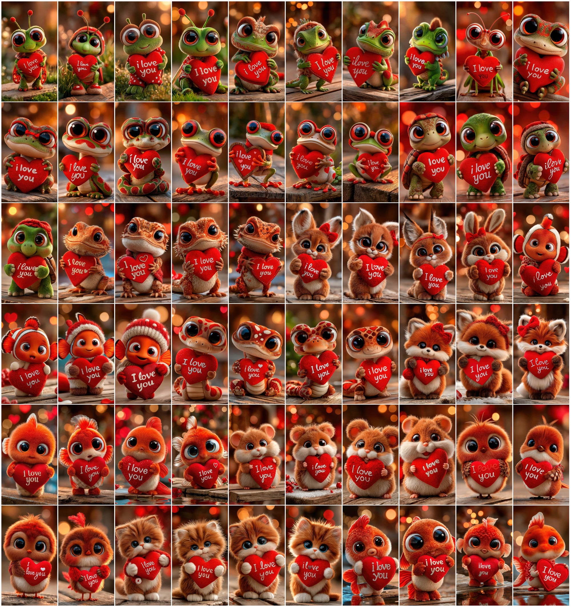 605 3D Cute Animal Love Illustrations Holding “I Love You” Hearts