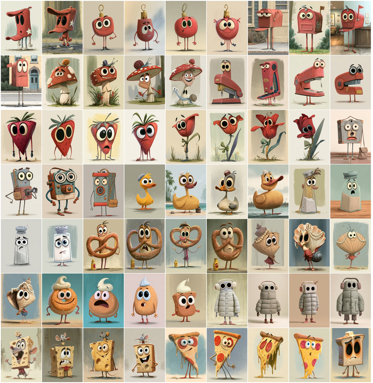 640 Cute Mascot Character Images – Whimsical Object Mascots with Big Eyes, High-Res JPG, Commercial License