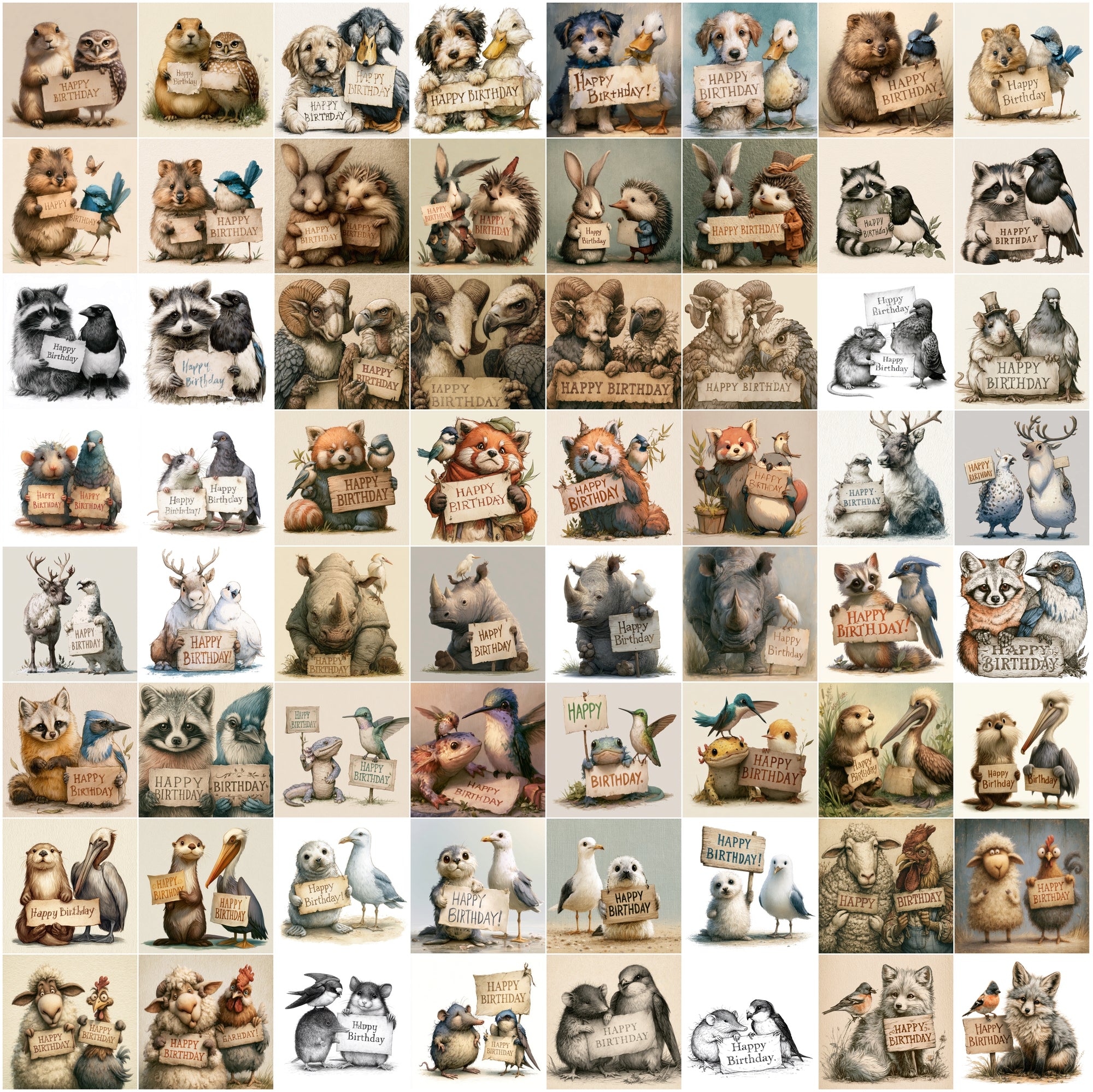 625 Birthday Animals Clipart Bundle | Fairy Tale Animal Birthday Card PNG JPG Set
