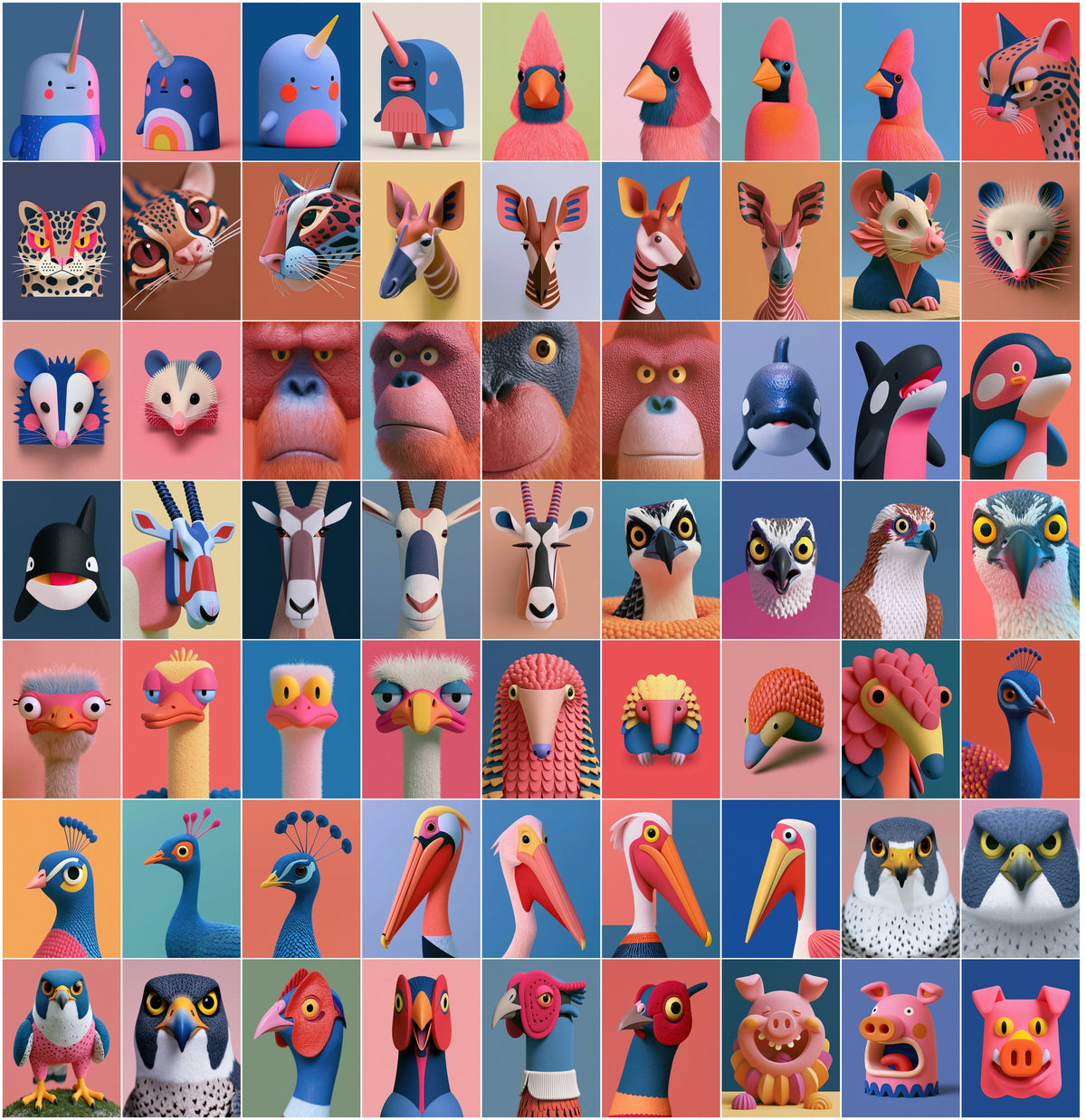 630 3D Animal Portrait Bundle | Stylized Clay & Paper-Craft Animal Head Art, Bold Color Backgrounds, Commercial Use