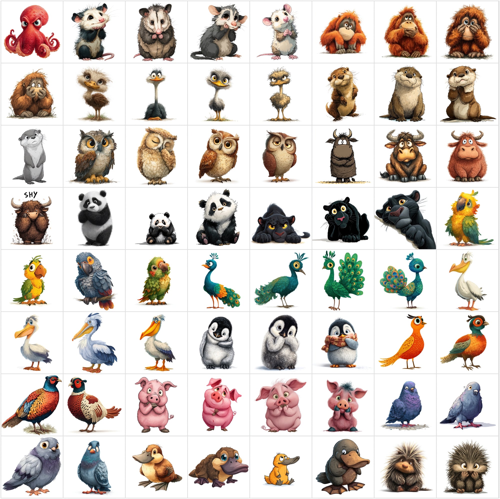 644 Shy Animal Cartoon Illustrations | White Background