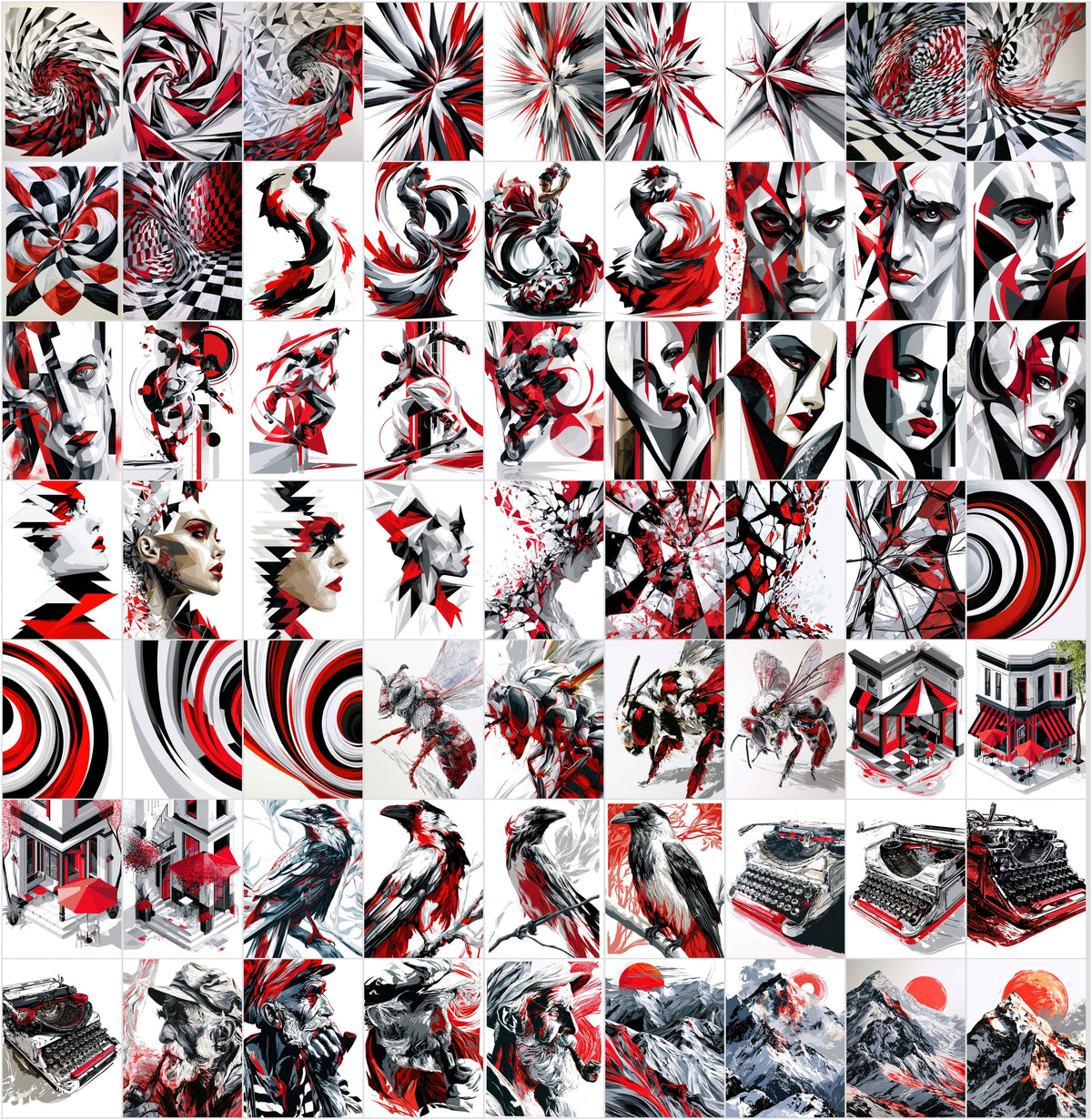 625 Abstract Art Prints Bundle | Red Black White Geometric Posters | Bauhaus Cubist Wall Art