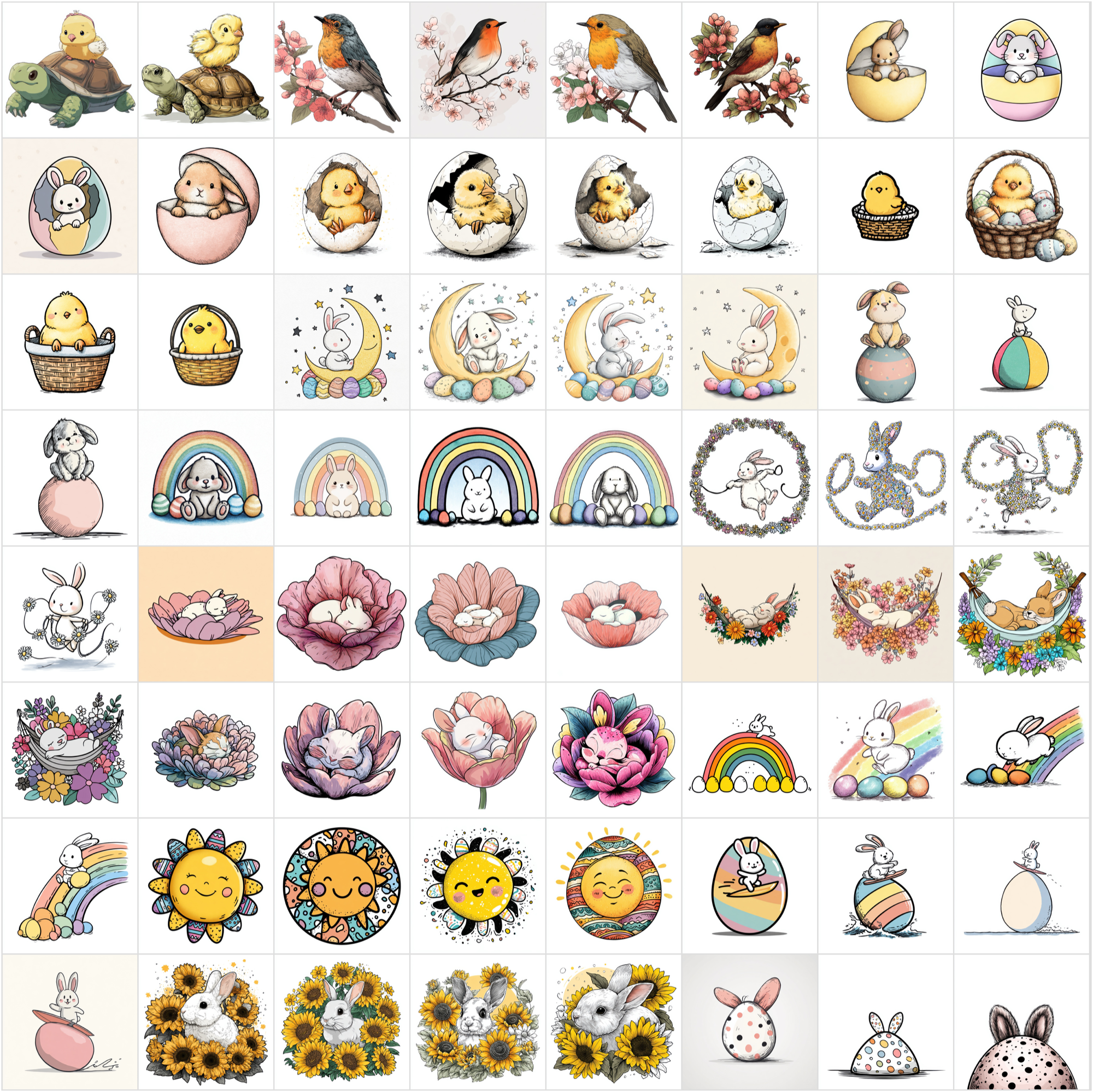 619 Easter Cartoon Illustrations - Cute Bunny, Chick & Spring Animal Clipart Bundle