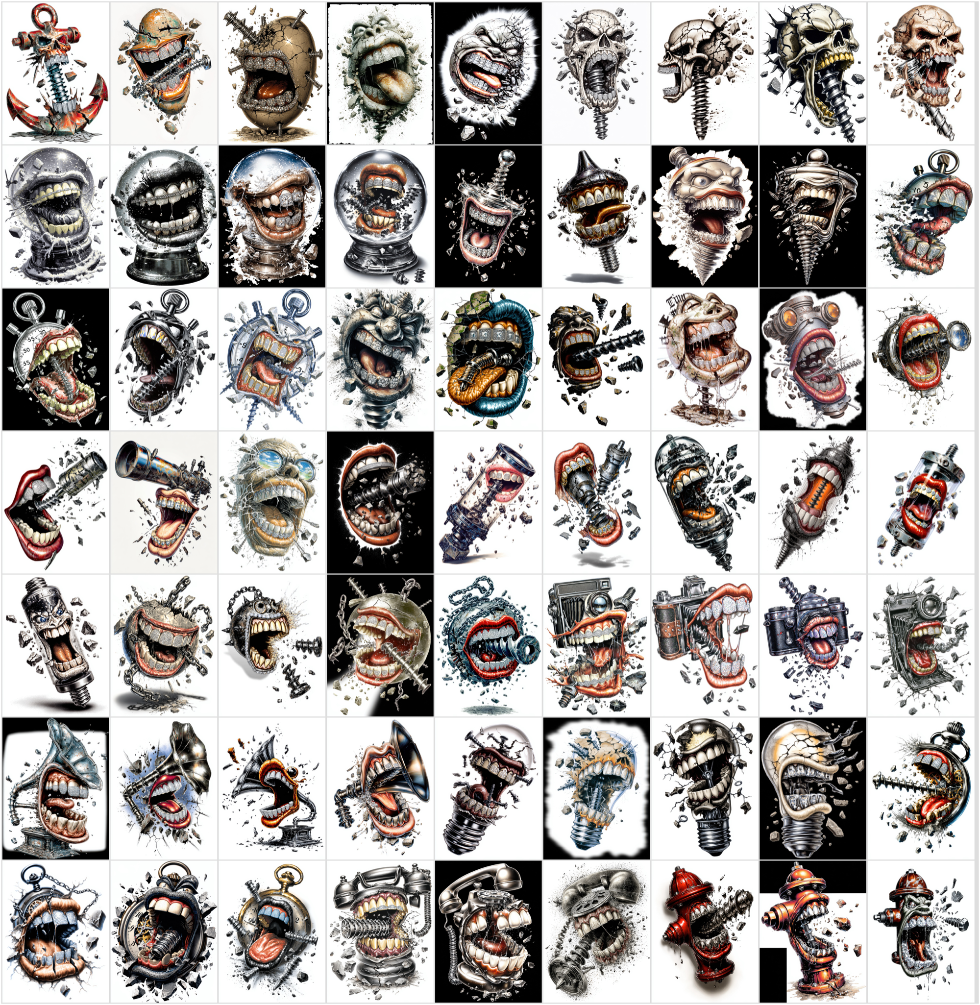 630 Airbrush T-Shirt Designs Bundle – 90s Style Graphic Pack, High Resolution JPG, Streetwear Art