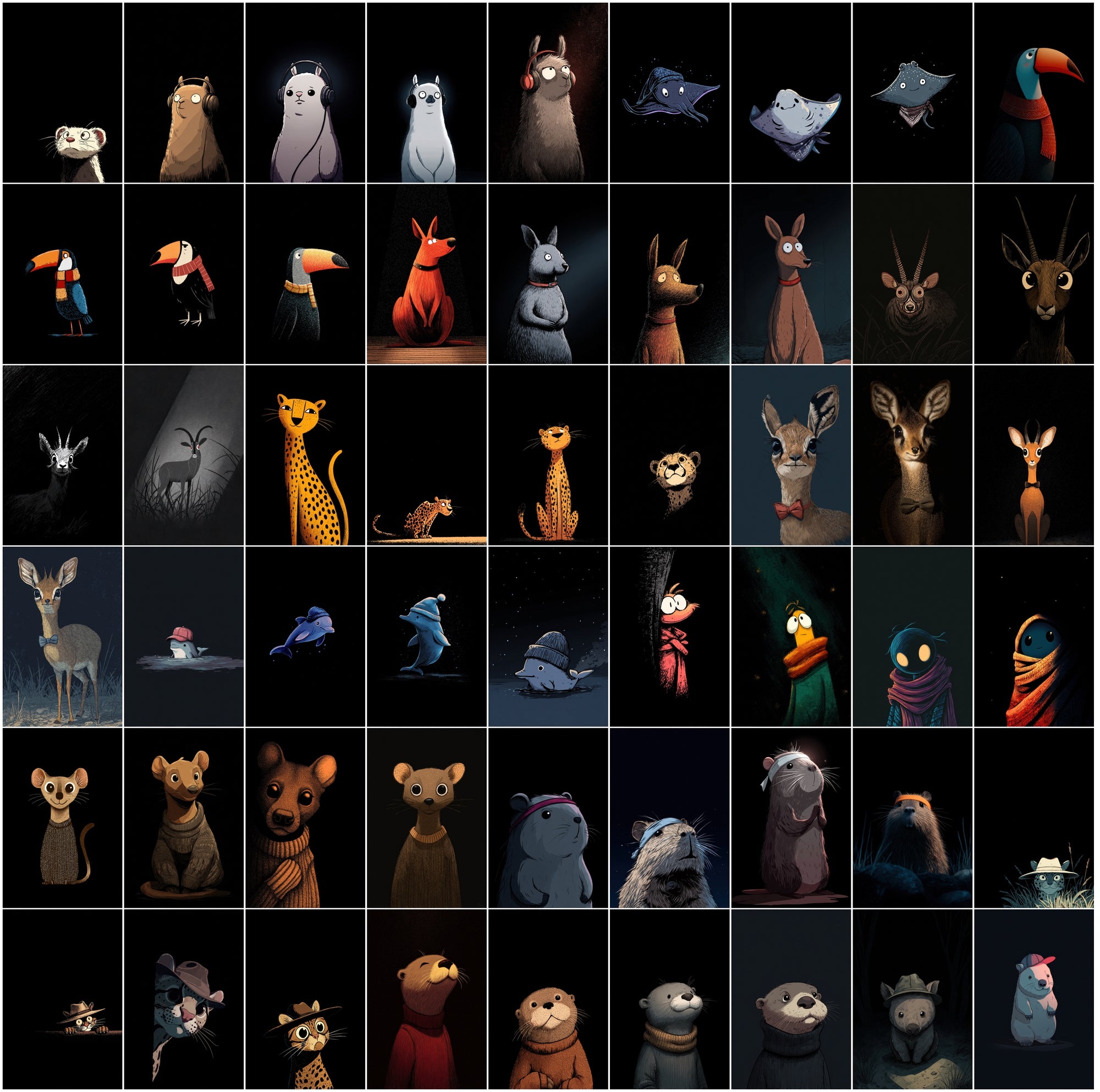 630 Animals Almost Visible in the Darkness | Cute Cartoon Animal Clipart Bundle | Dark Moody Illustrations