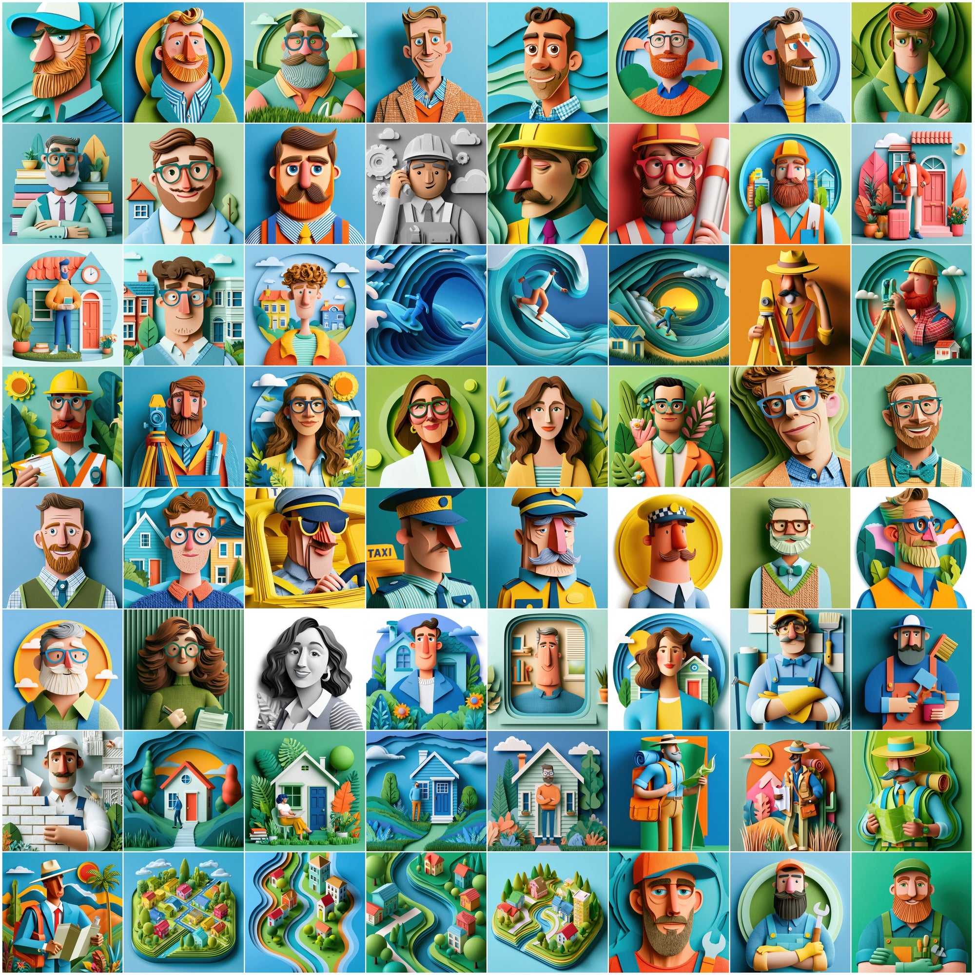 630 Layered Paper Cut Professional Character Illustrations