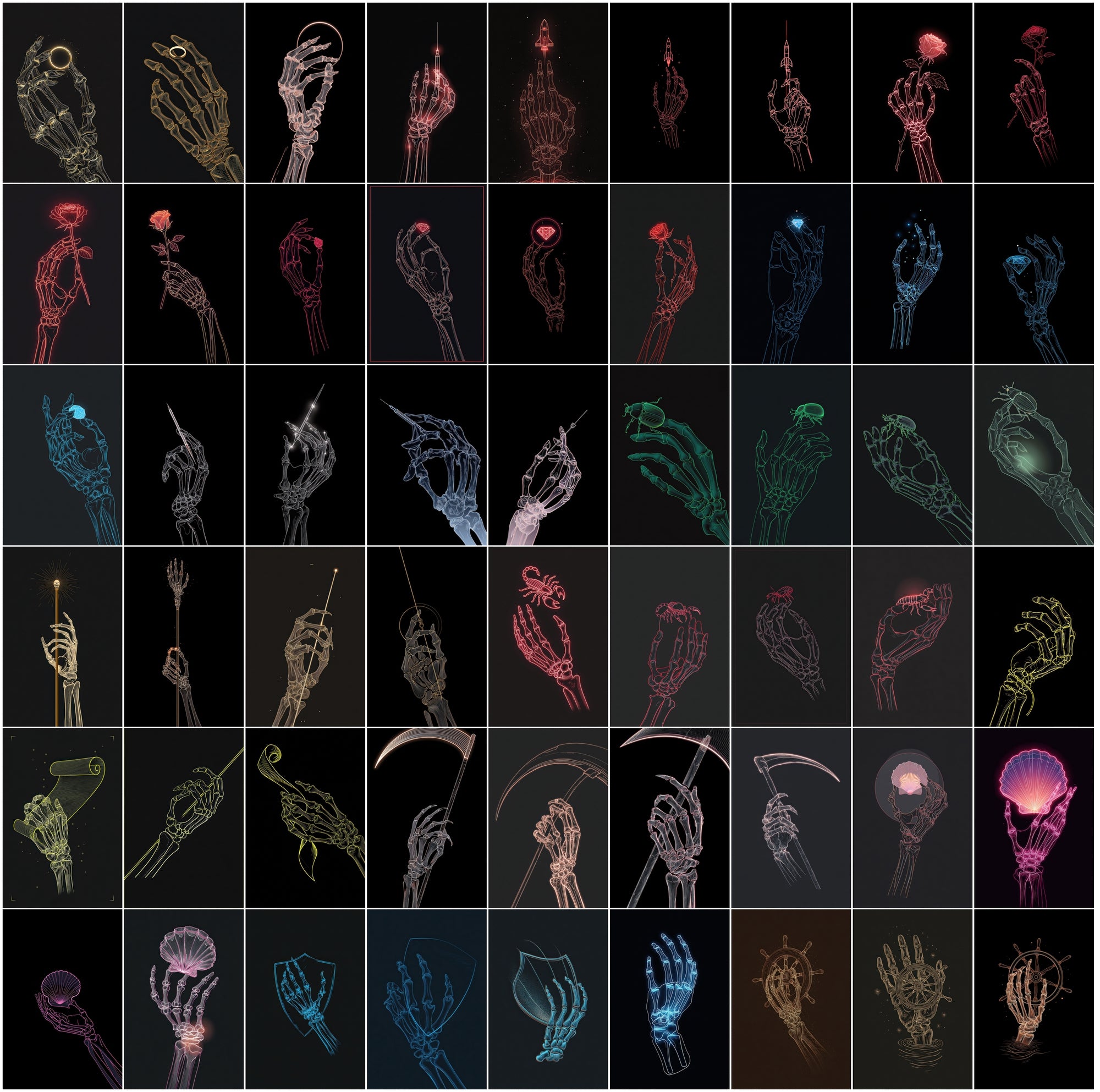 630 Skeleton Hand Neon Line Art Bundle, Halloween Clipart Pack, Gothic Posters