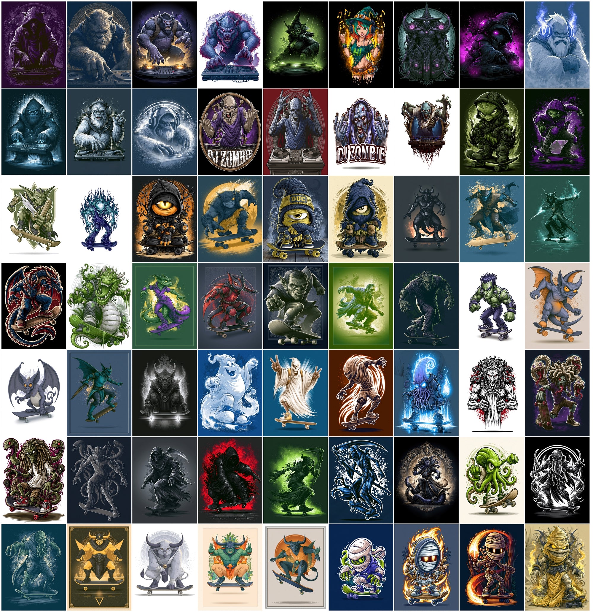 610 Monster Mashup T-Shirt Designs Bundle | Bold Graphic Character Illustrations