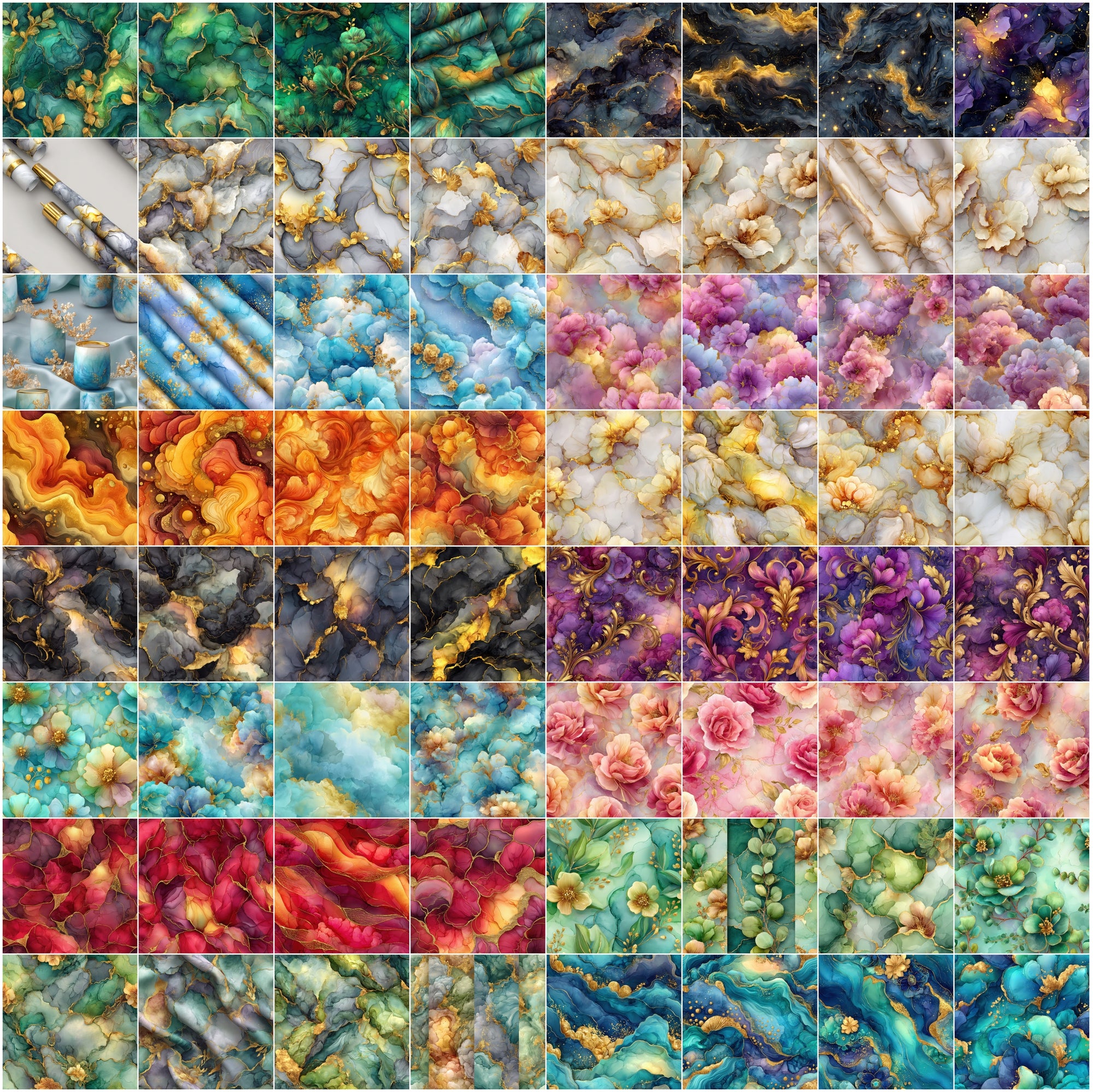 632 Seamless Abstract Ink Patterns Bundle with Gold Veins | Luxury Fluid Backgrounds