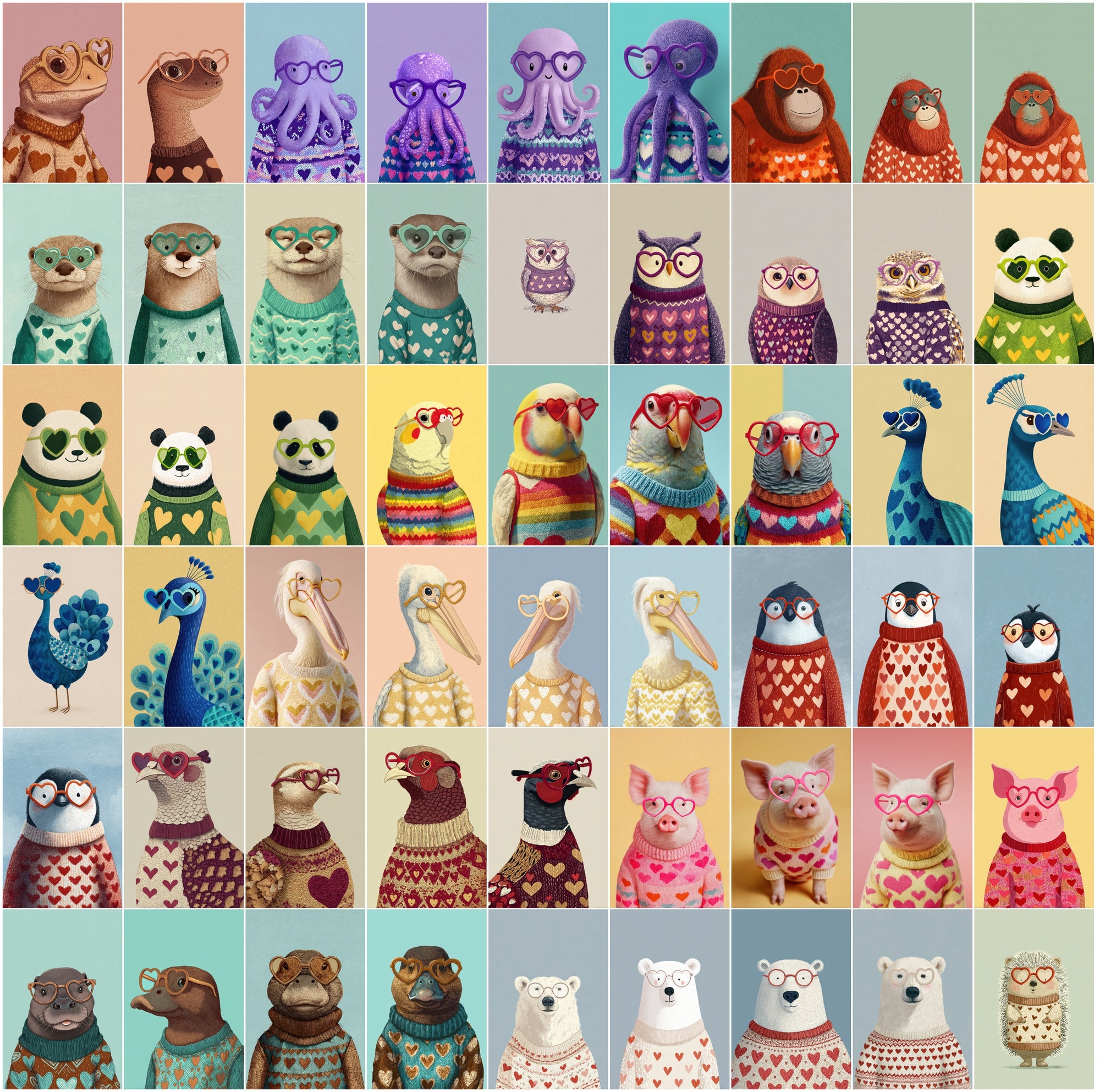 620 Cute Animals Clipart Bundle JPG | Heart Sweater Animals + Heart Glasses