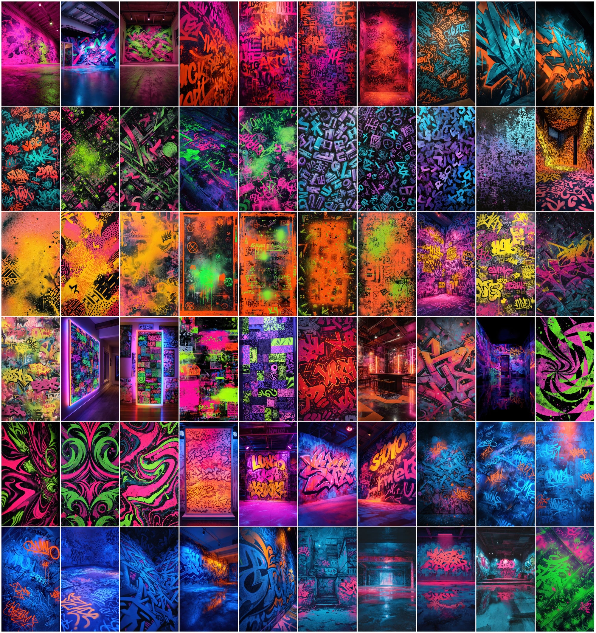 635 Neon Graffiti Wall Backgrounds - Blacklight UV Fluorescent Street Art