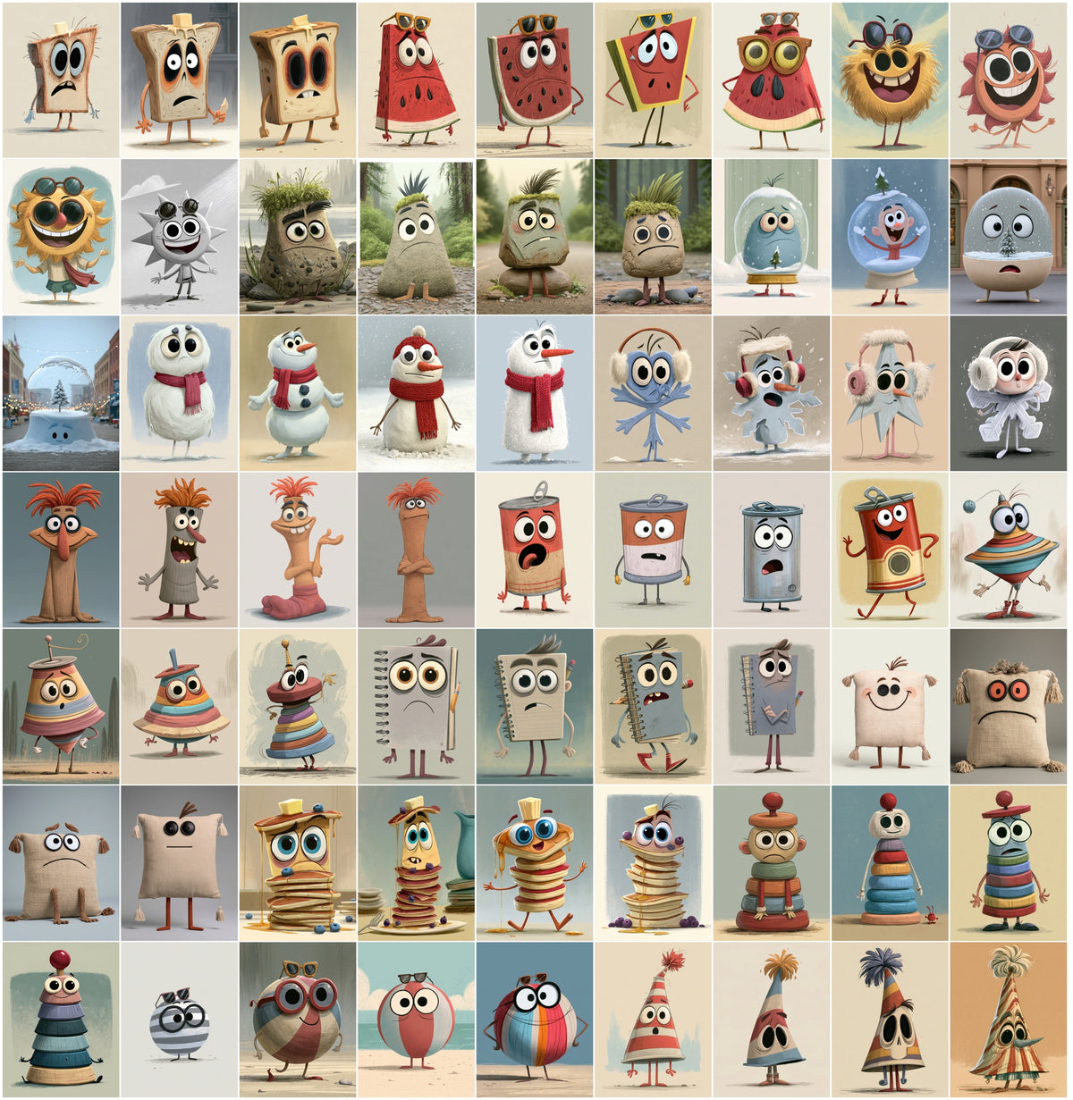 640 Cute Mascot Character Images – Whimsical Object Mascots with Big Eyes, High-Res JPG, Commercial License