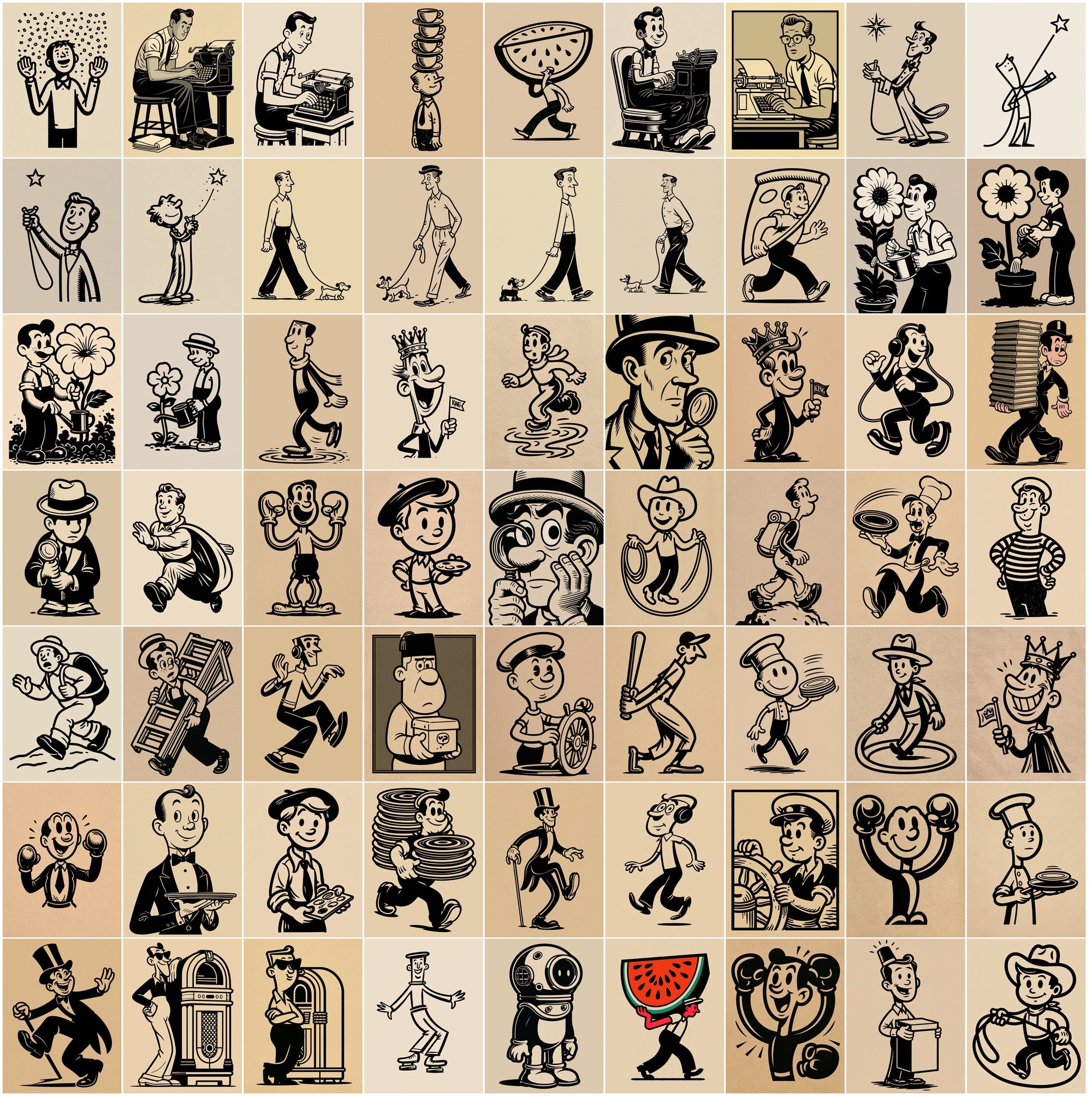 600 Retro Cartoon Illustrations Bundle, Vintage T-Shirt Graphics, JPG Clipart with Commercial License