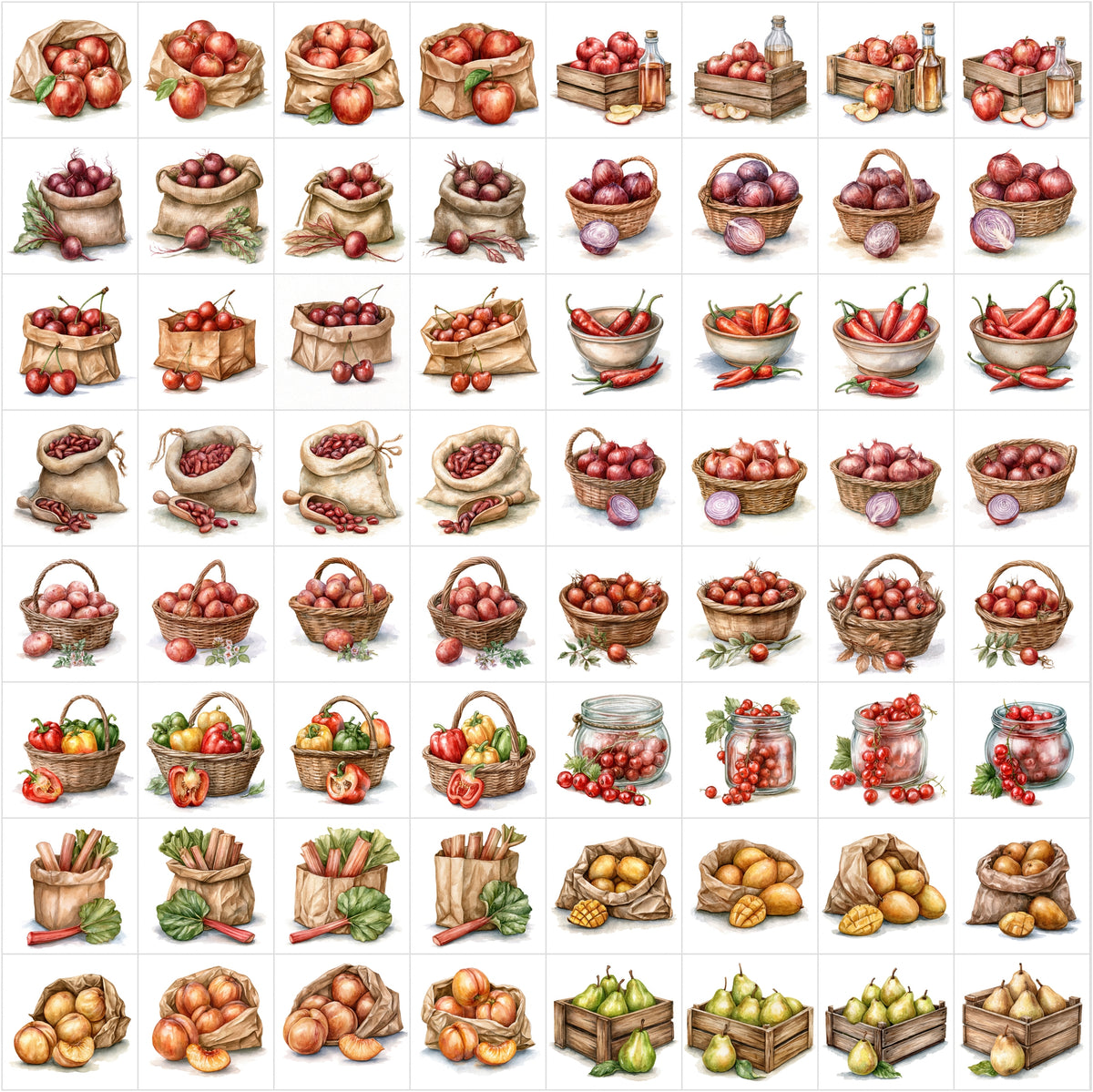 630 Fruit & Vegetable Illustrations – Farmhouse Kitchen Clipart Bundle, Harvest Food Art