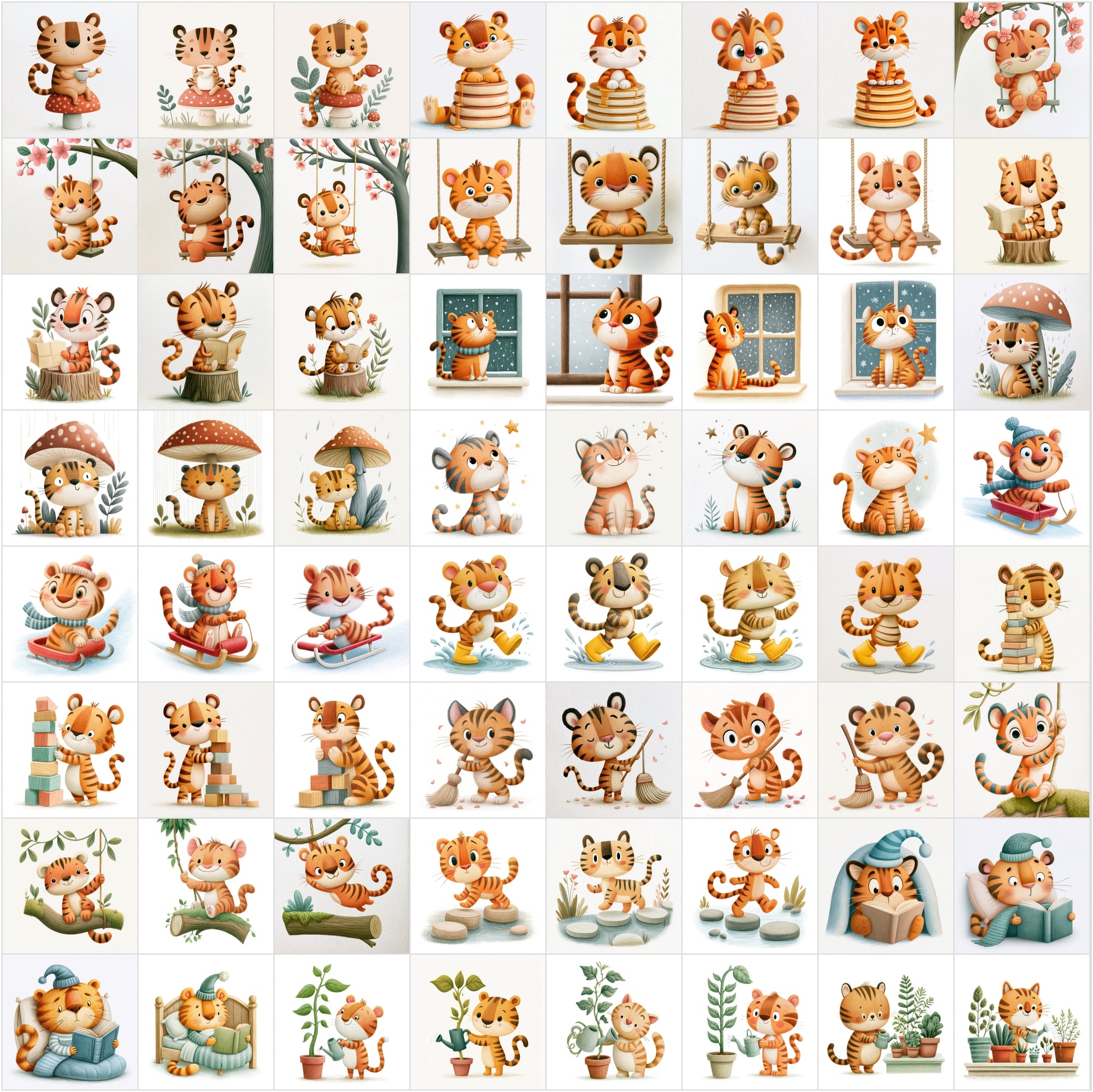 630 Cute Tiger Clipart Bundle | Whimsical Children's Book Illustrations