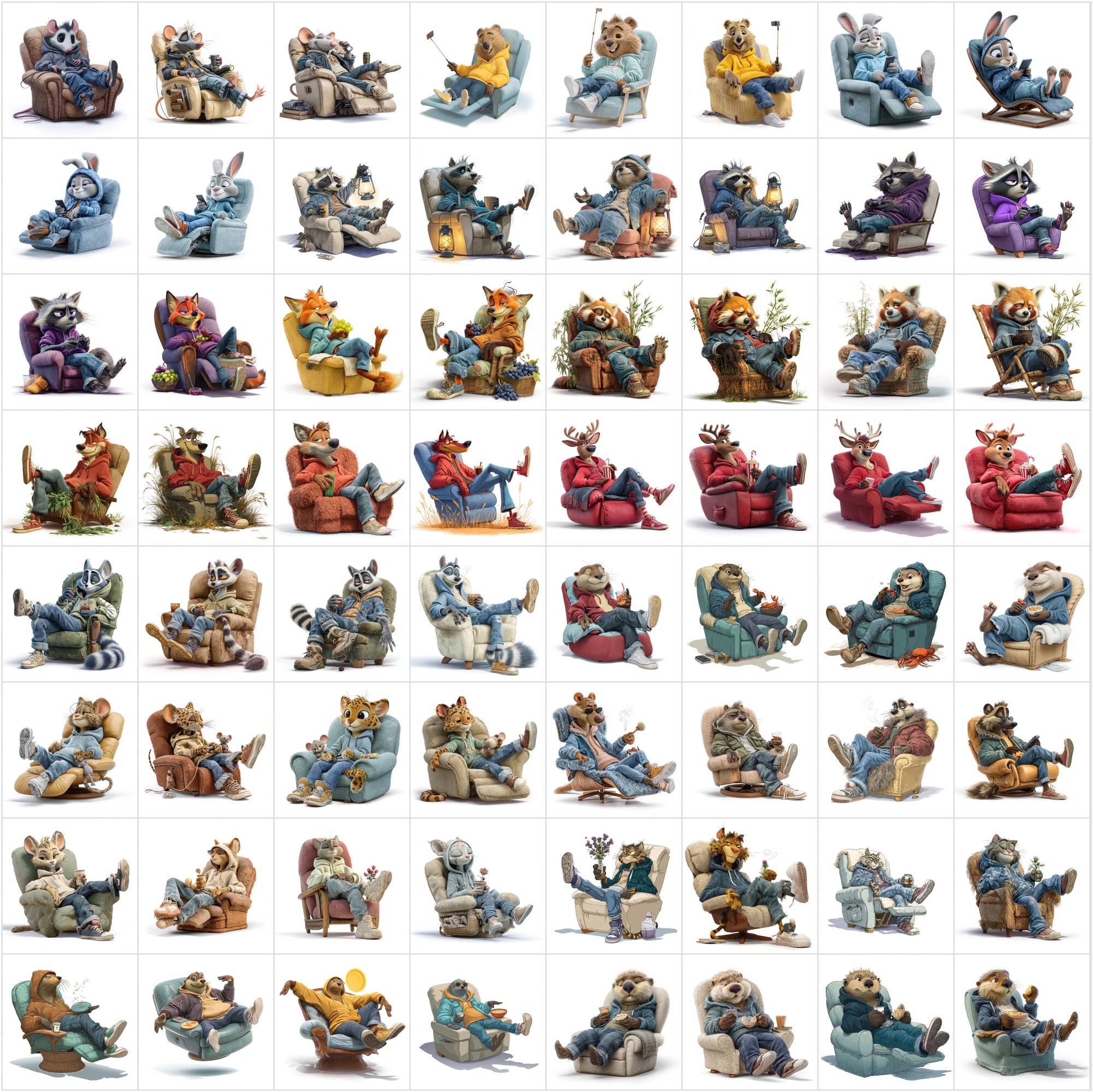 610 Cute Animals Relaxing on Recliners Clipart Bundle