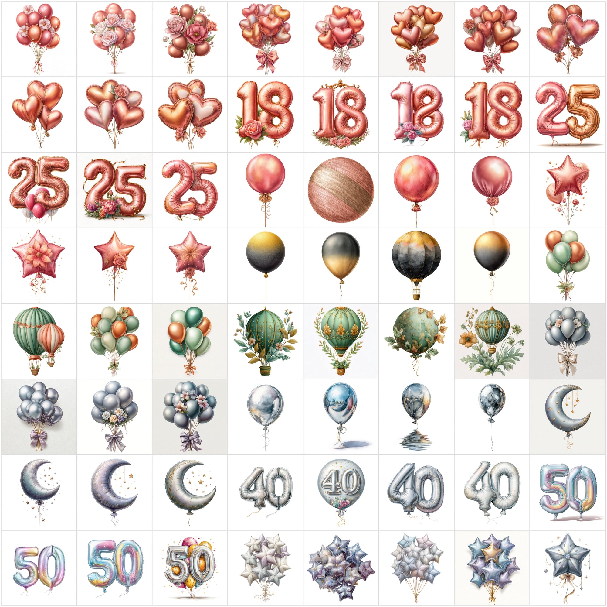 635 Watercolor Balloon Clipart Bundle • Metallic & Luxury Balloon Set