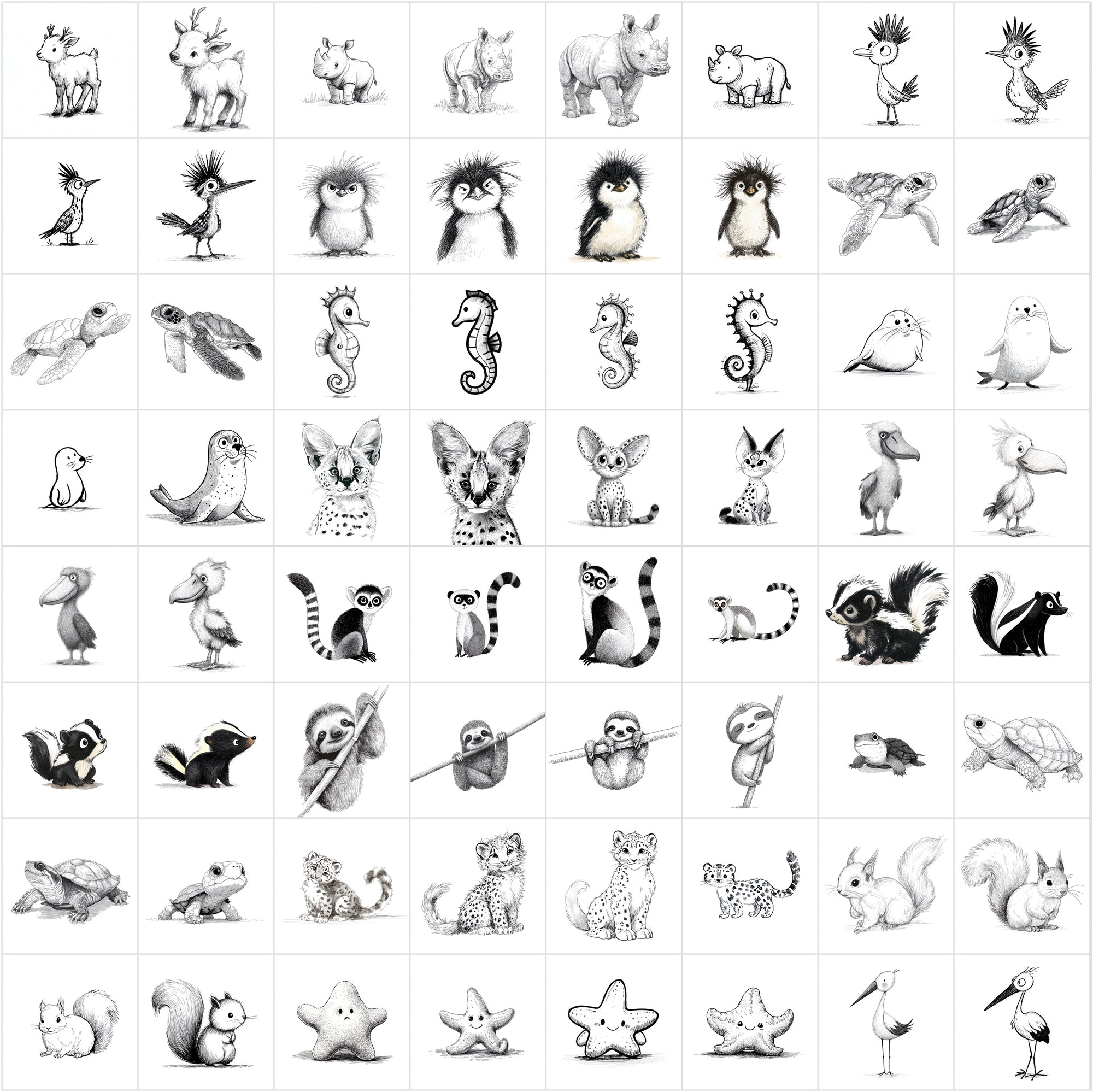 625 Children's Book Animal Illustrations — Black & White Line Art Bundle