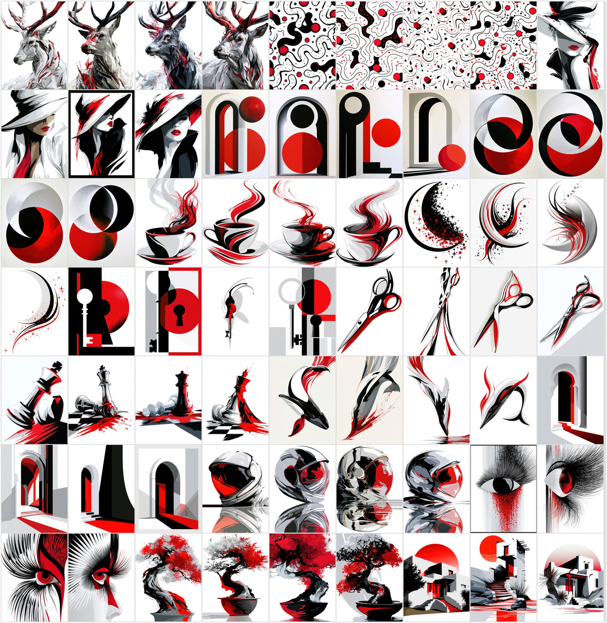 625 Abstract Art Prints Bundle | Red Black White Geometric Posters | Bauhaus Cubist Wall Art