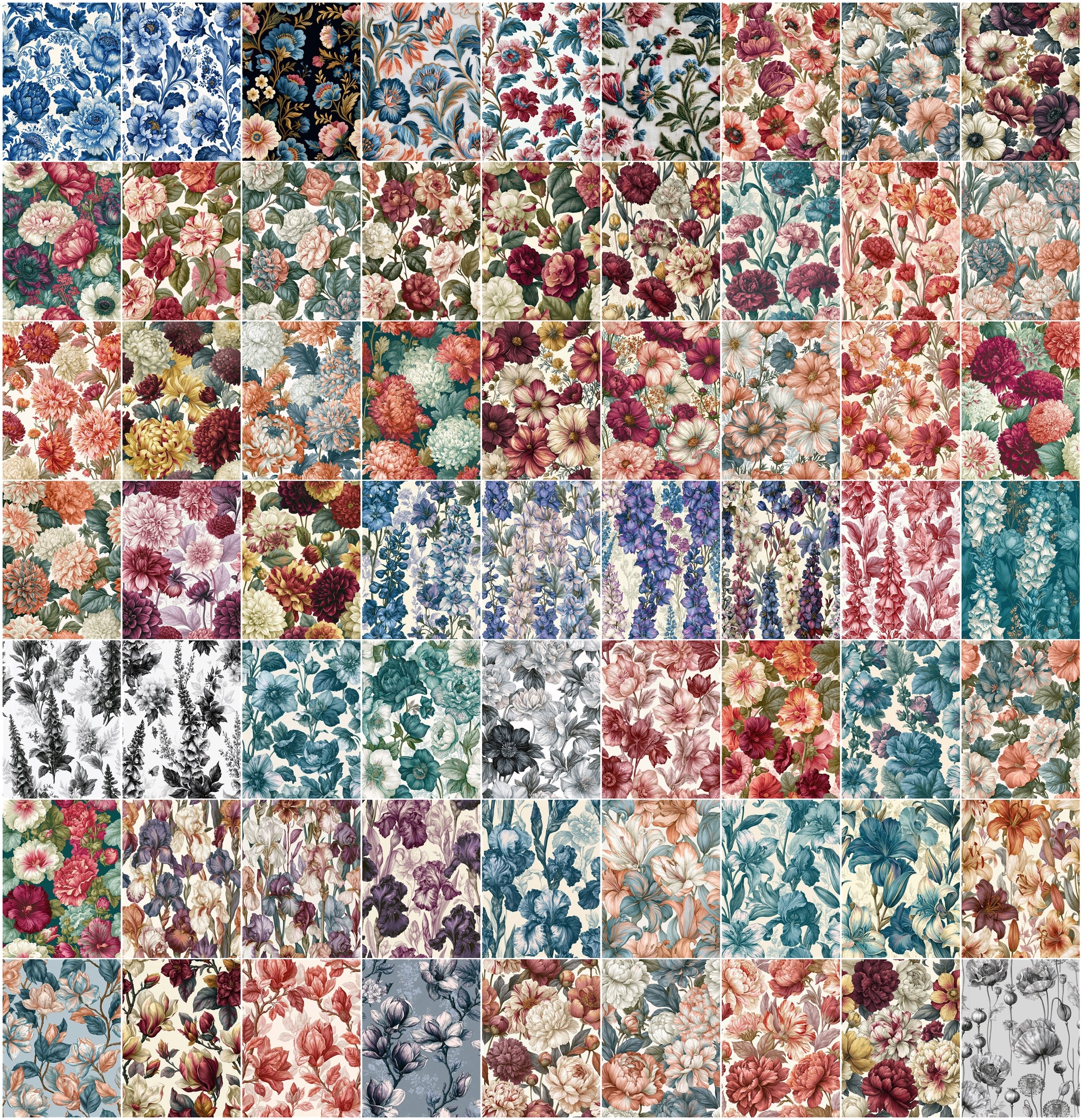 630 Vintage Floral Patterns Bundle | High-Res Botanical Digital Paper Pack