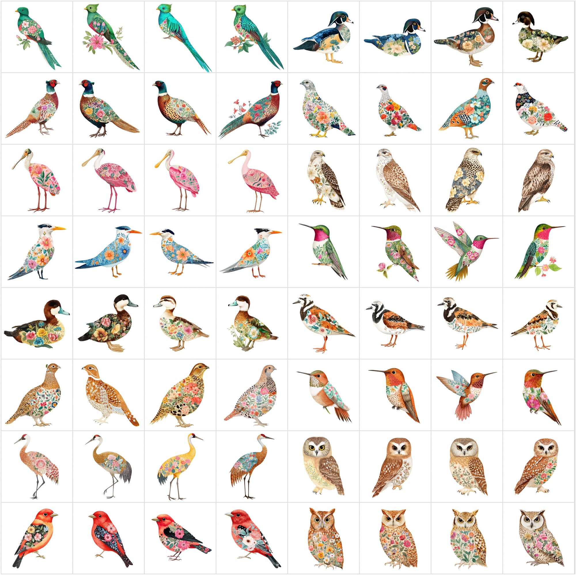 640 Watercolor Birds with Floral Patterns