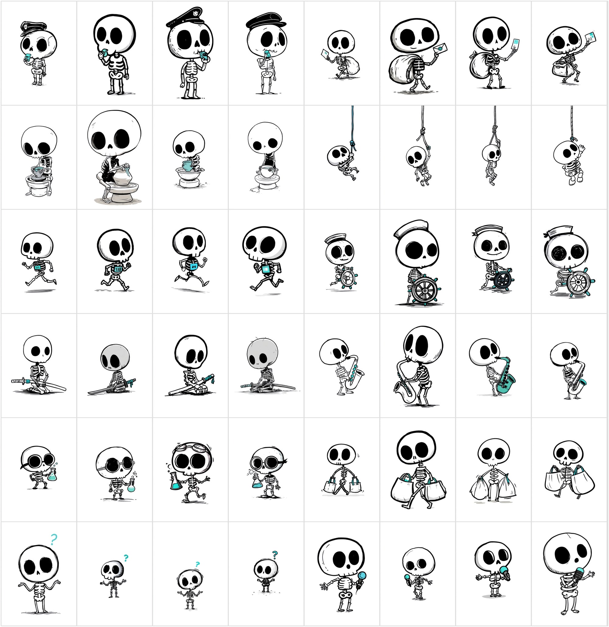 600 Cute Skeleton Doodle Clipart Bundle | Hand Drawn Stickman Skull Illustrations