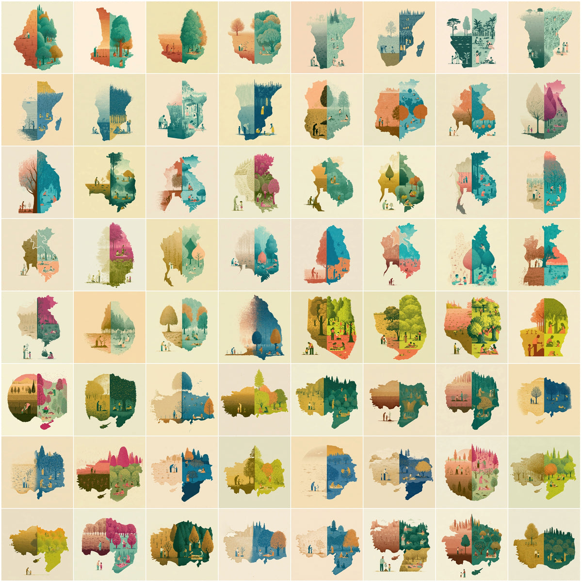 1270 Country Map Silhouette Posters - World Map Wall Art Bundle, Heritage & Harvest Split Designs