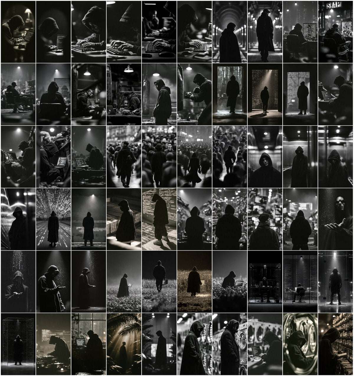 635 Hacker Images Bundle – Black & White Cyberpunk Photography, Binary Code & Hooded Hacker Wallpapers, 9:16 JPG, Commercial License