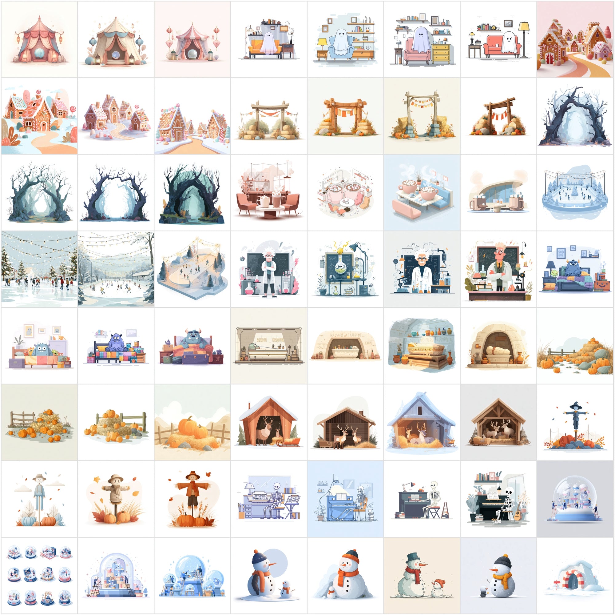 630 Minimalistic Cartoon Illustrations | Holiday & Seasonal Scenes