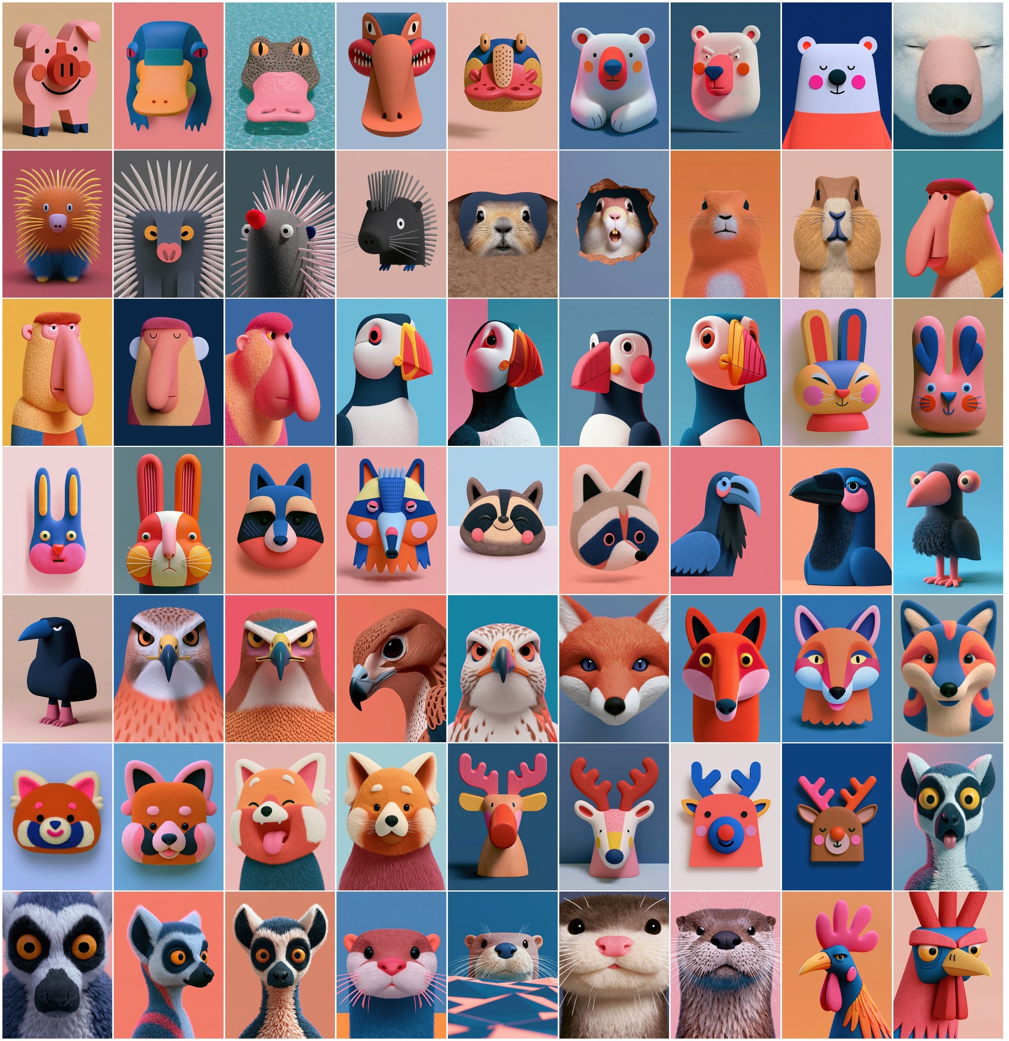 630 3D Animal Portrait Bundle | Stylized Clay & Paper-Craft Animal Head Art, Bold Color Backgrounds, Commercial Use