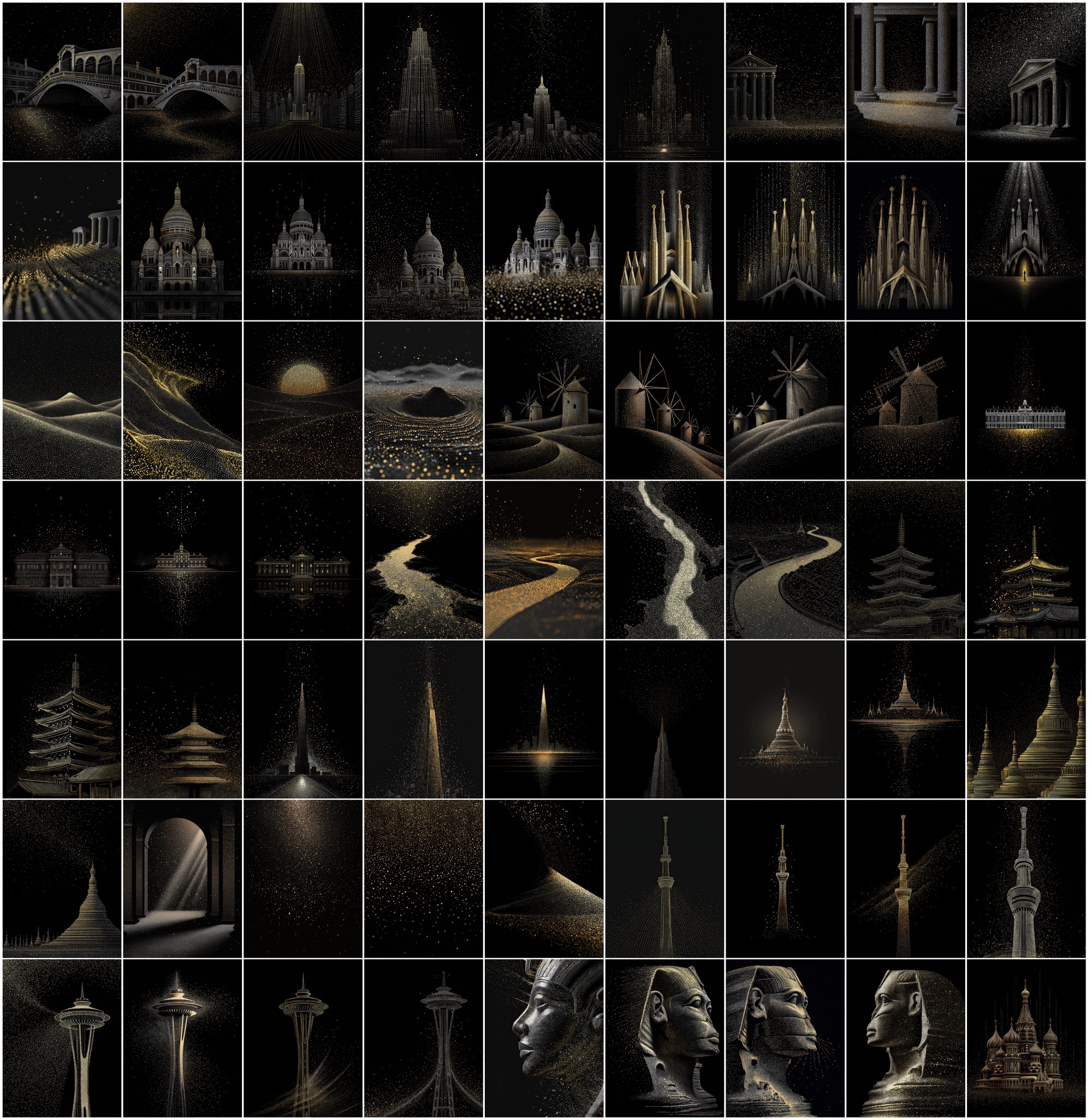 630 Minimalist Landmark Dots Bundle | Gold & Silver Glitter on Black