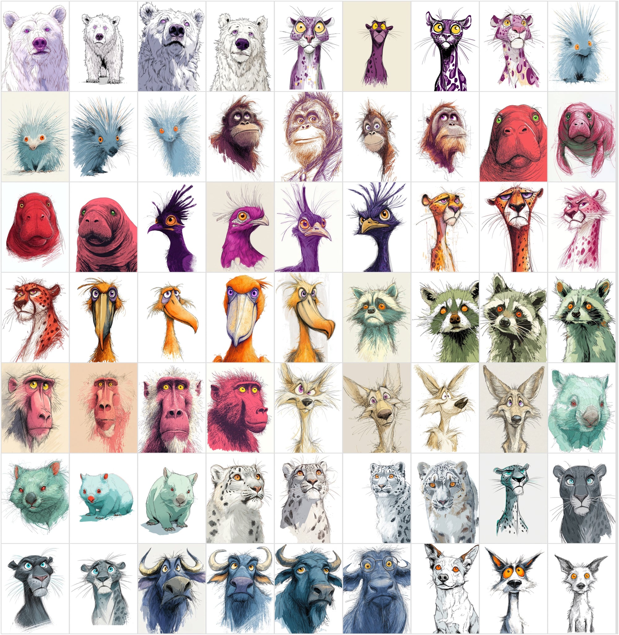 600 Quirky Animal Portrait Clipart Bundle | Expressive Cartoon Characters