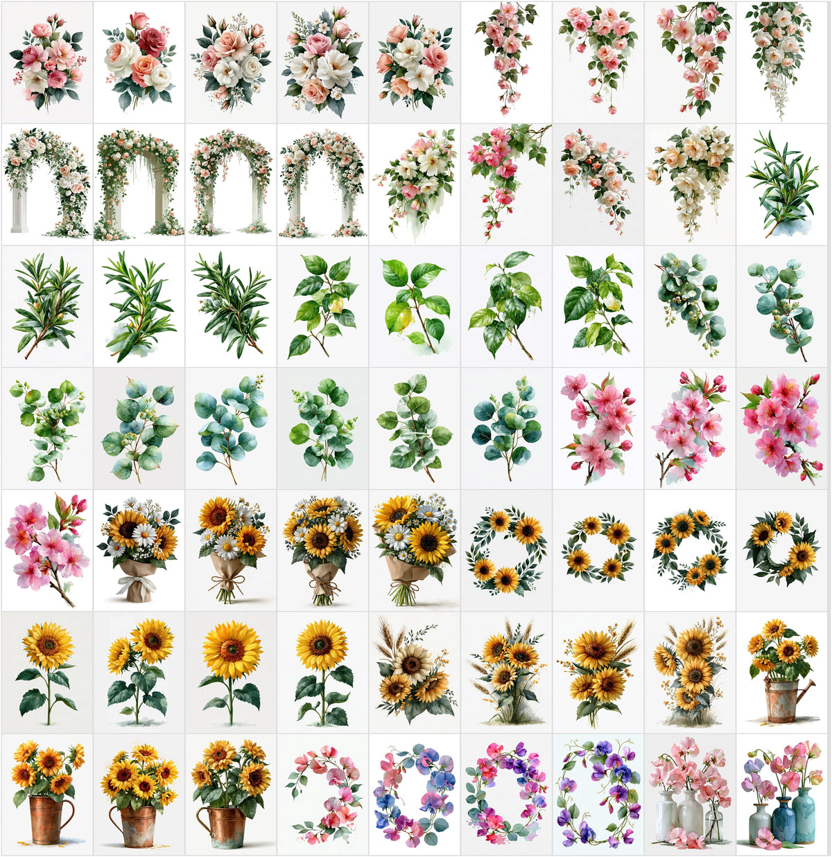 635 Watercolor Flowers Clipart Bundle – Wedding Florals, Bouquets, Wreaths & Greenery PNG-Ready JPG, Commercial Use