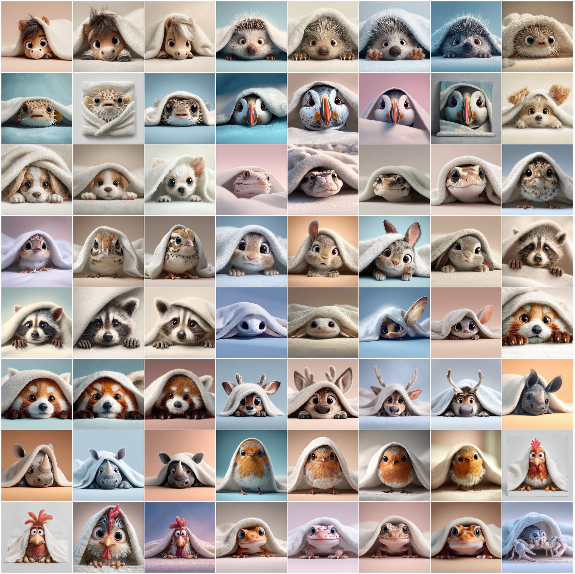 639 Cute Animals Hiding Under Blankets | Adorable 3D Pet Clipart Bundle