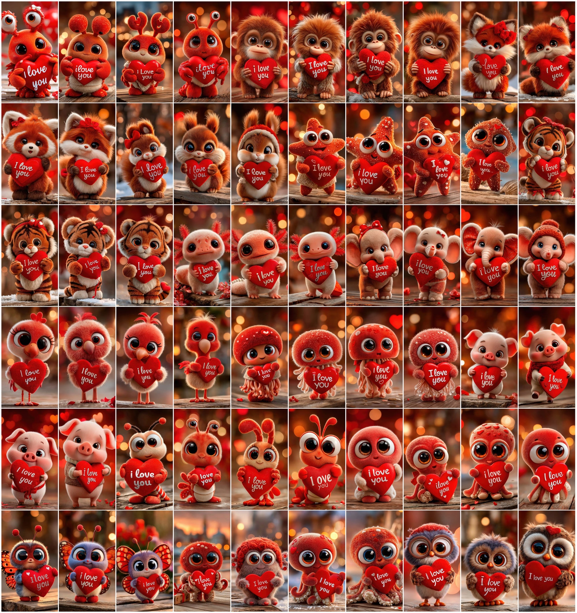 605 3D Cute Animal Love Illustrations Holding “I Love You” Hearts